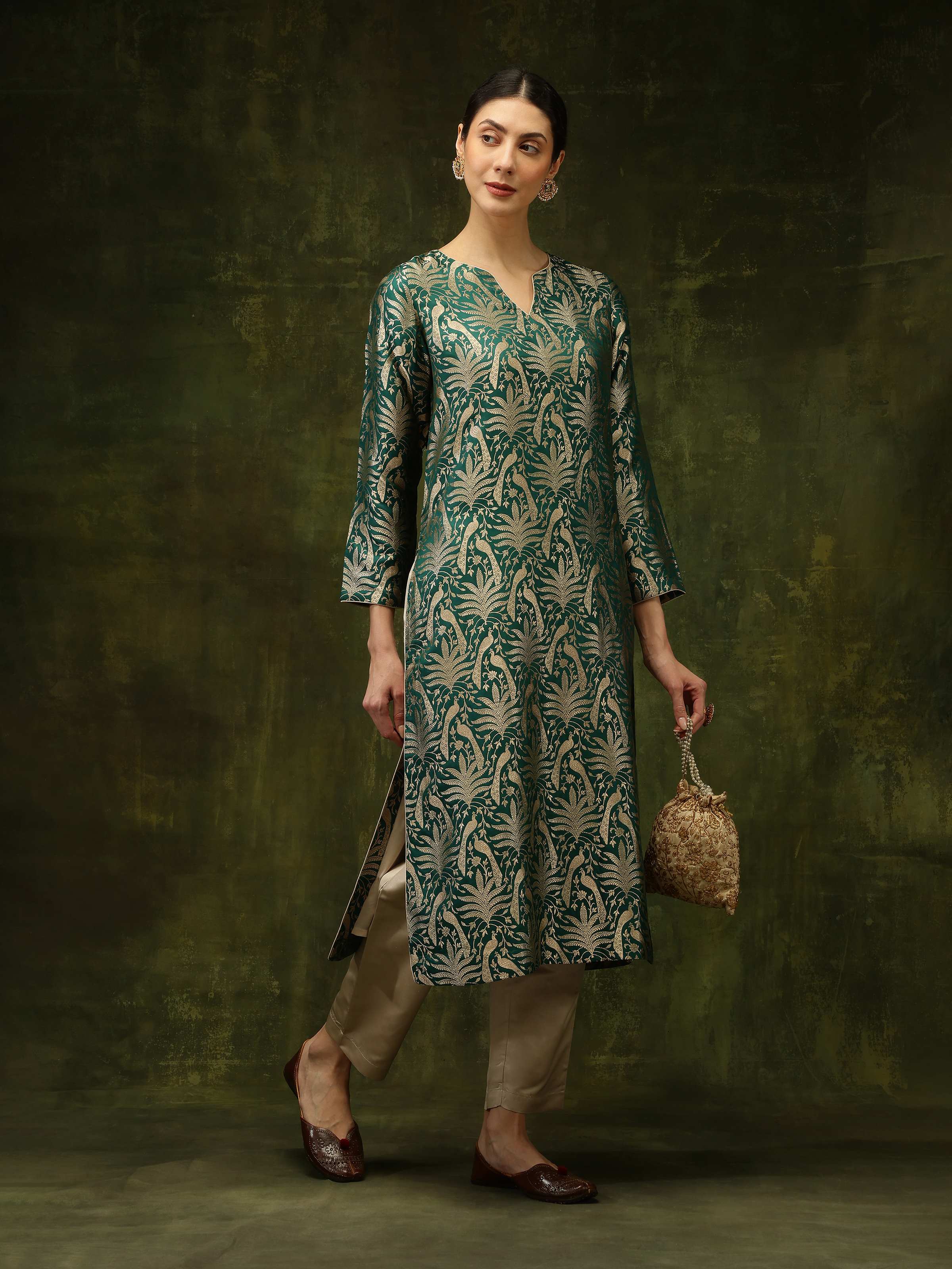 Beige Banarasi Cigarette Pants