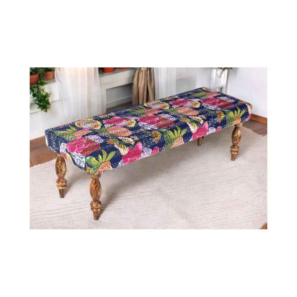 Cairo Sheesham Wood Mid Century 3 Seater Bench In Fruit Print Blue Kantha