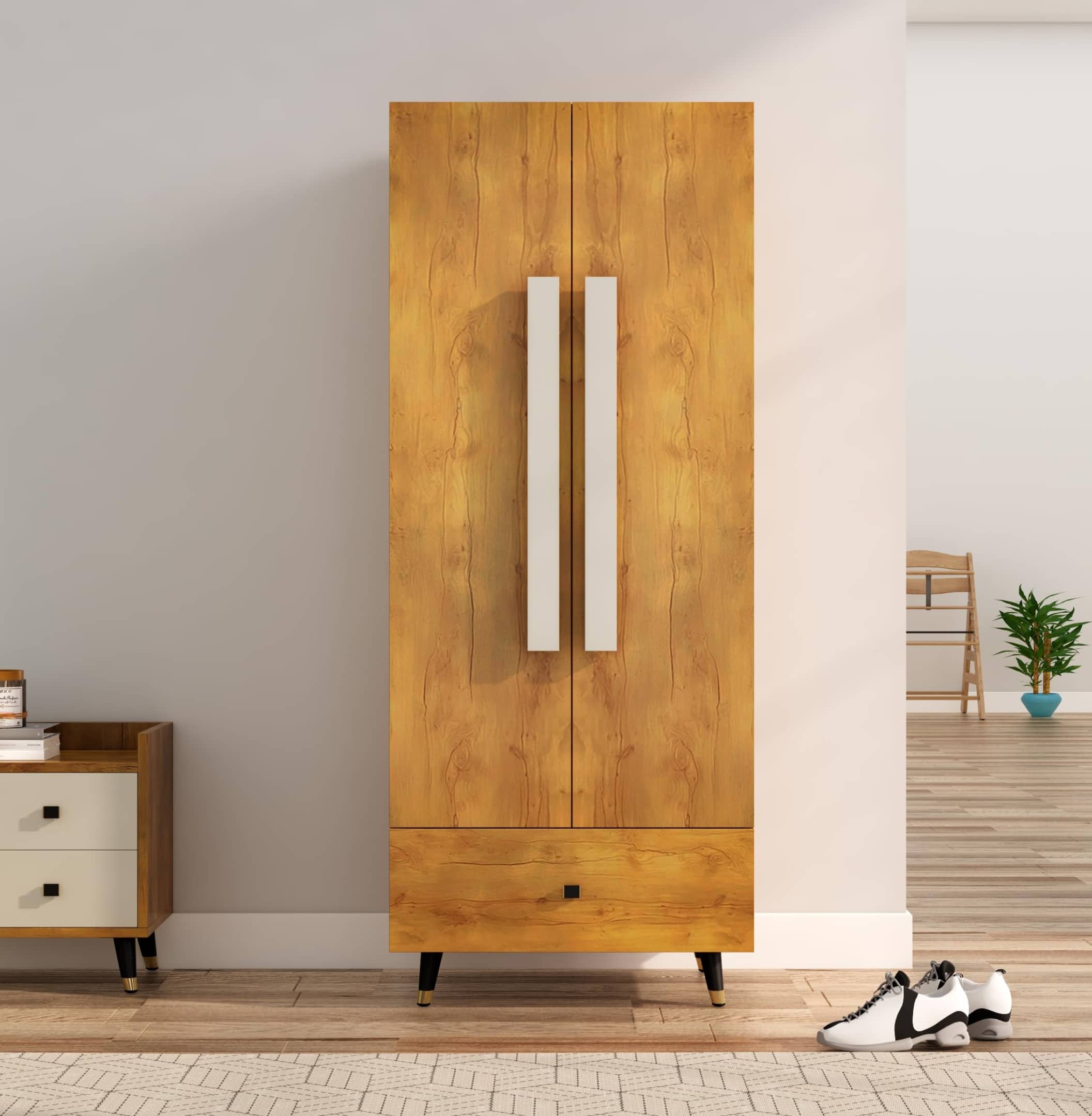 Hexa Red Wooden 2 Door Wardrobe with Drawer and Hanging Space in Giant Wood Colour - HexaRed