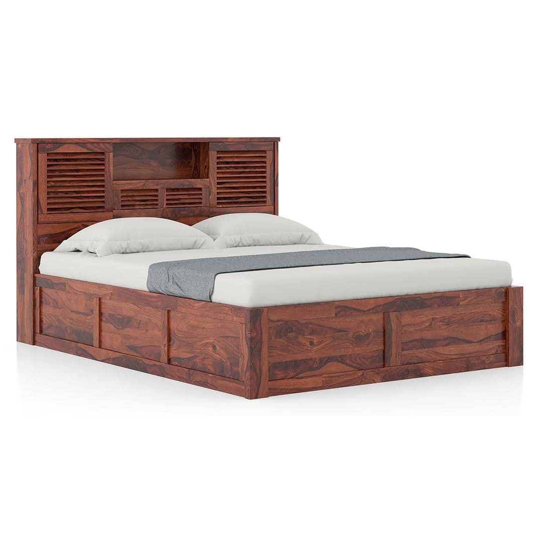 Cambry Queen Size Box Storage Bed With Headboard Storage In Honey Finish