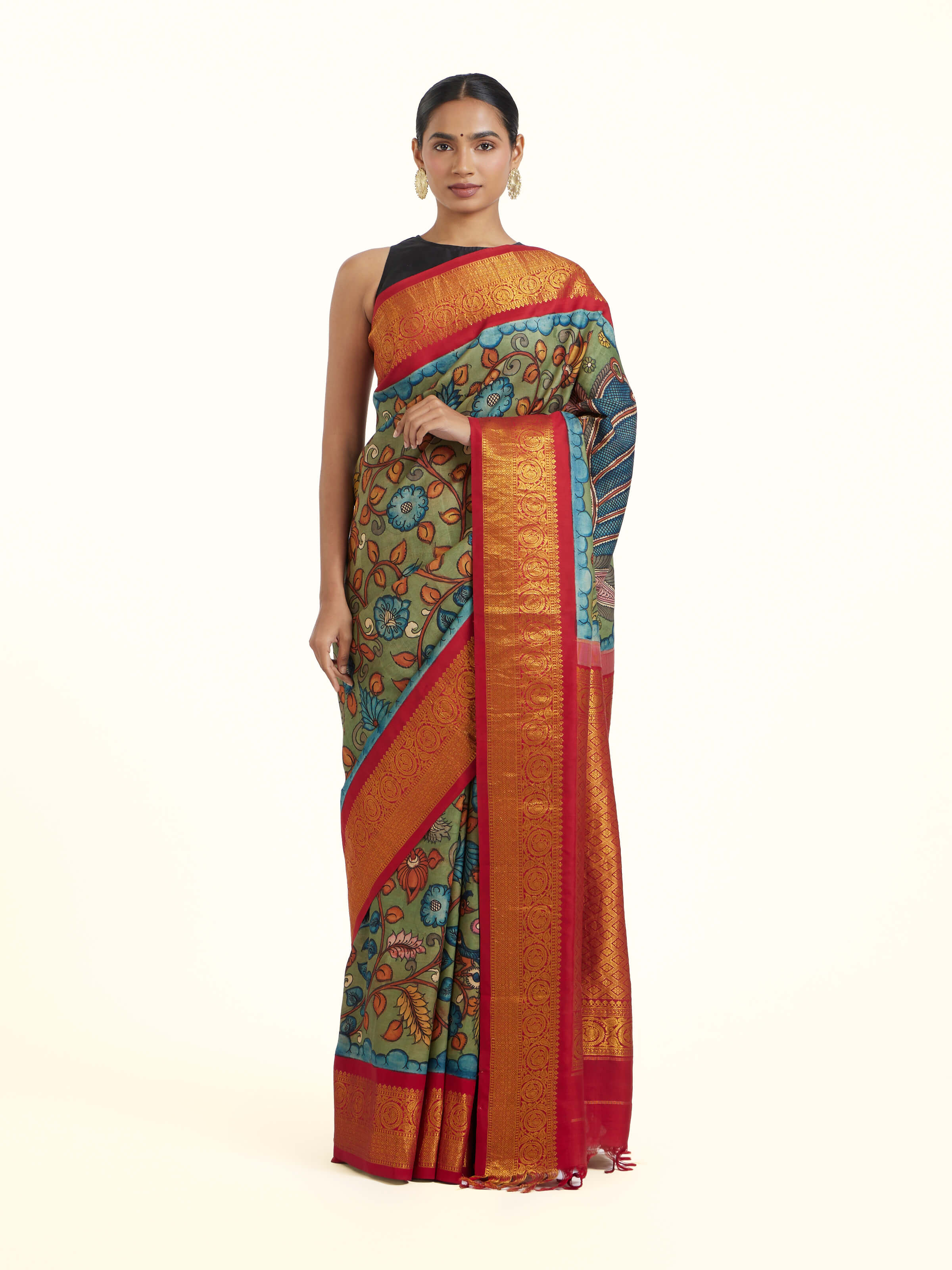 Blue Kalamkari Kancheepuram Silk Saree