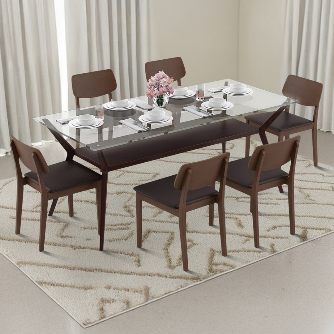 Wesley - Lawson 6 Seater Dining Table Set (Colour- Dark Brown , Finish- Dark Walnut)