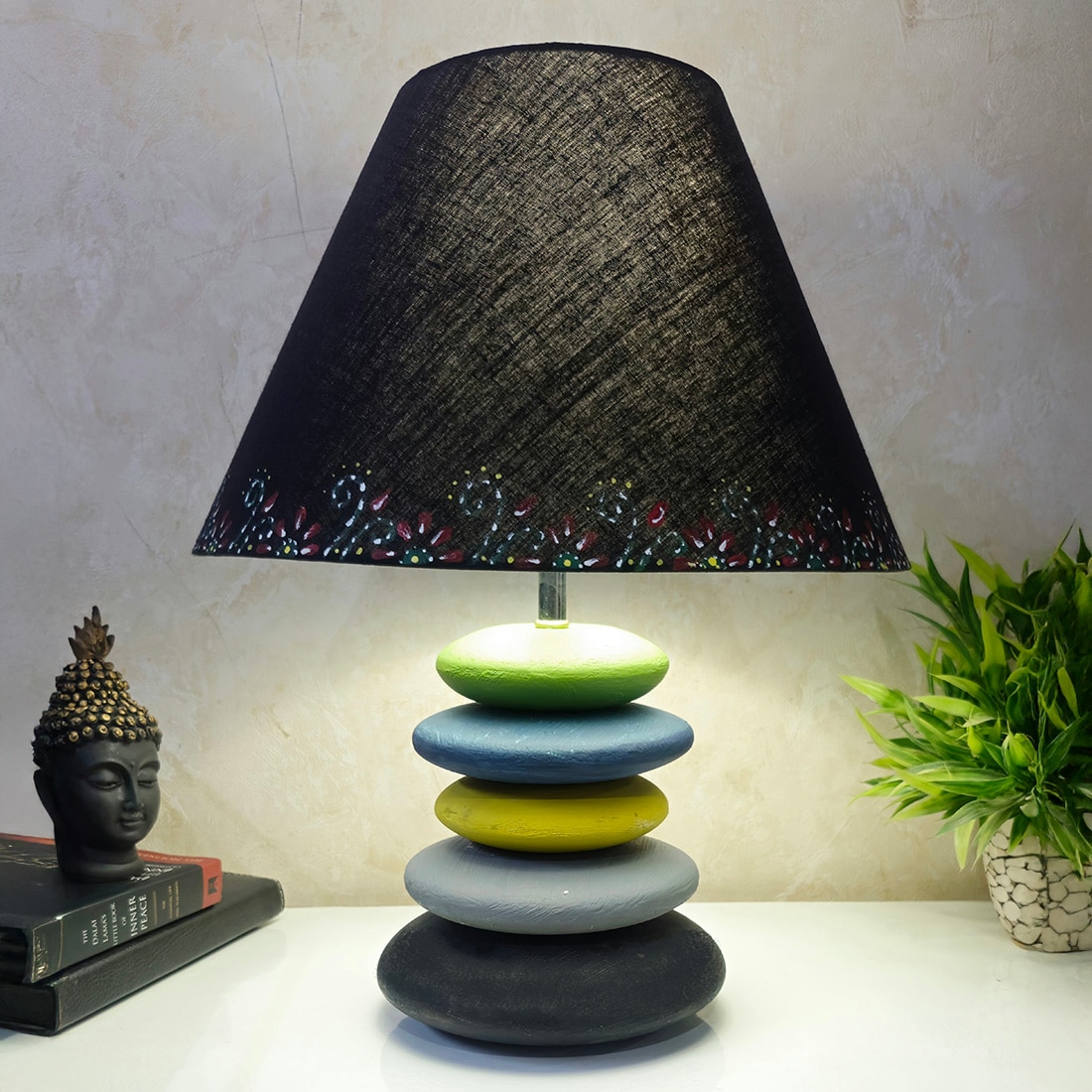 Multicolour Handpainted And Hancarved Distress Wooden Stone Finish Table Lamp