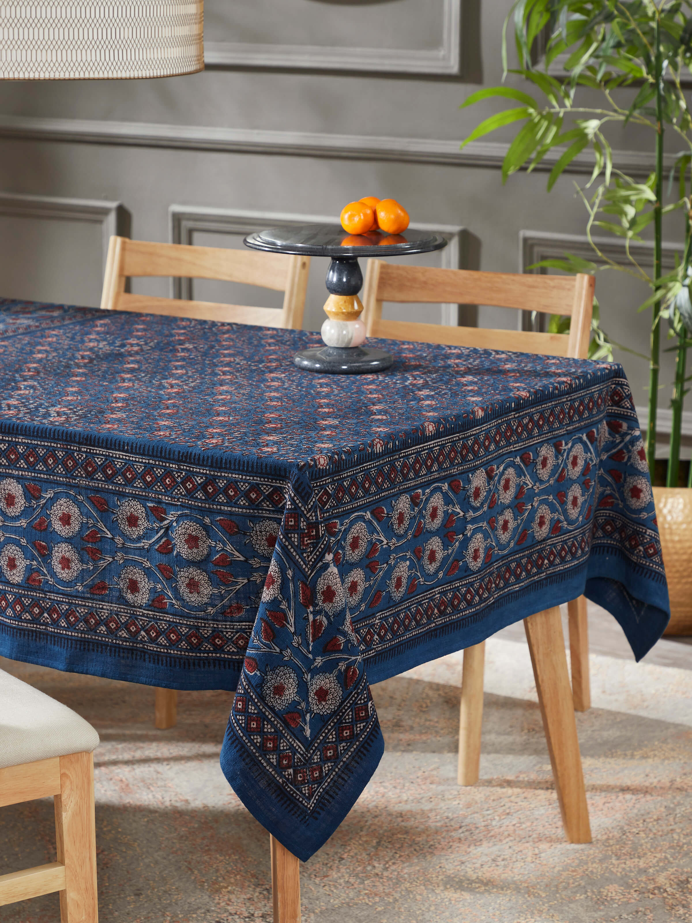 Puspita Indigo Cotton Dabu Hand Block Printed Table Cover 4 Seater
