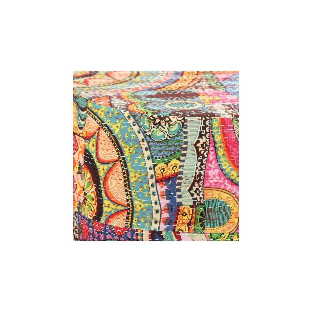 Rosslyn Solid Wood Ottoman Pouffee in Multi Colour Israel Print Kantha fabric