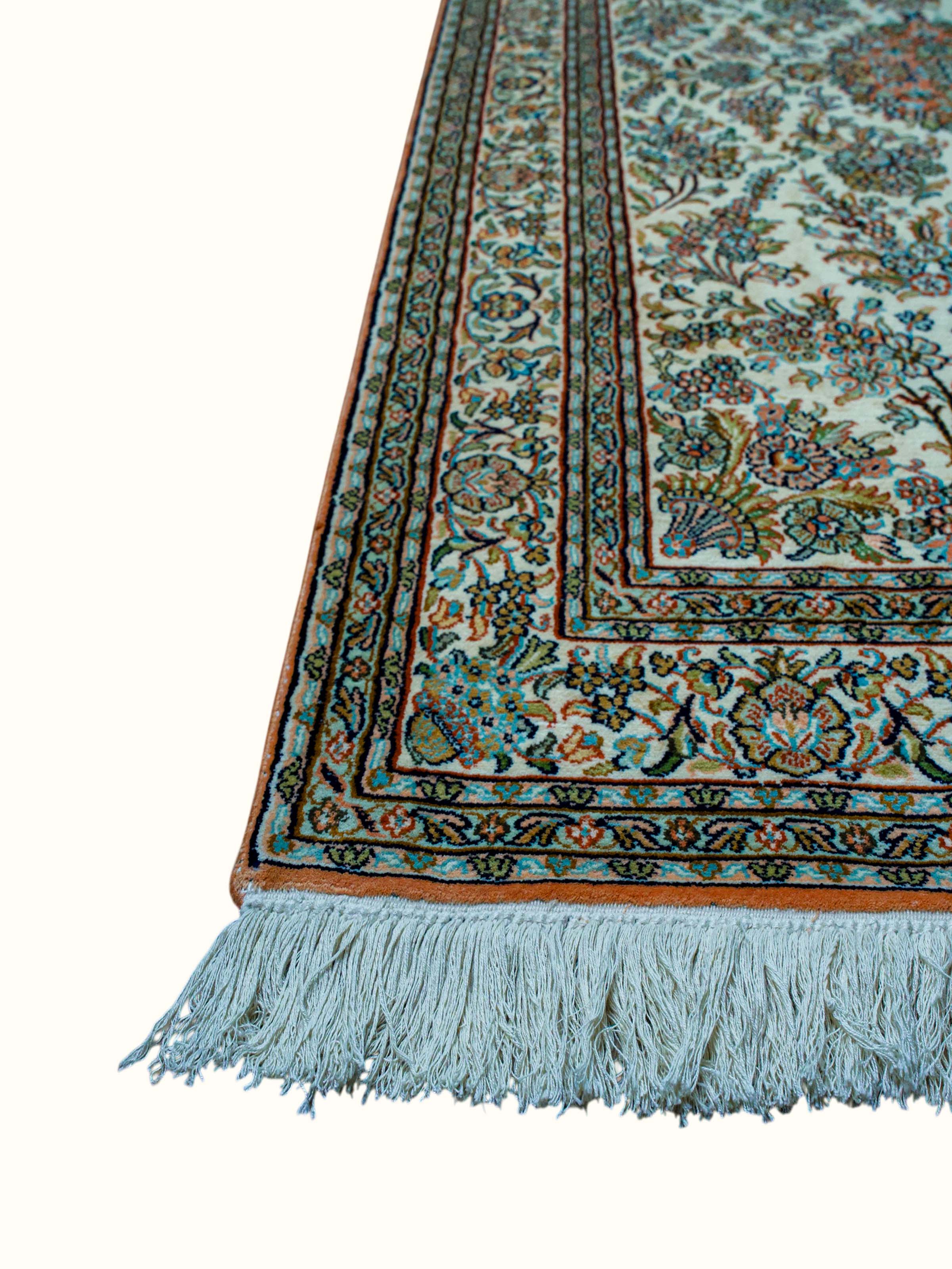 Traditional Persian Ivory Mahal Kashmir Silk Hand-Knotted Carpet