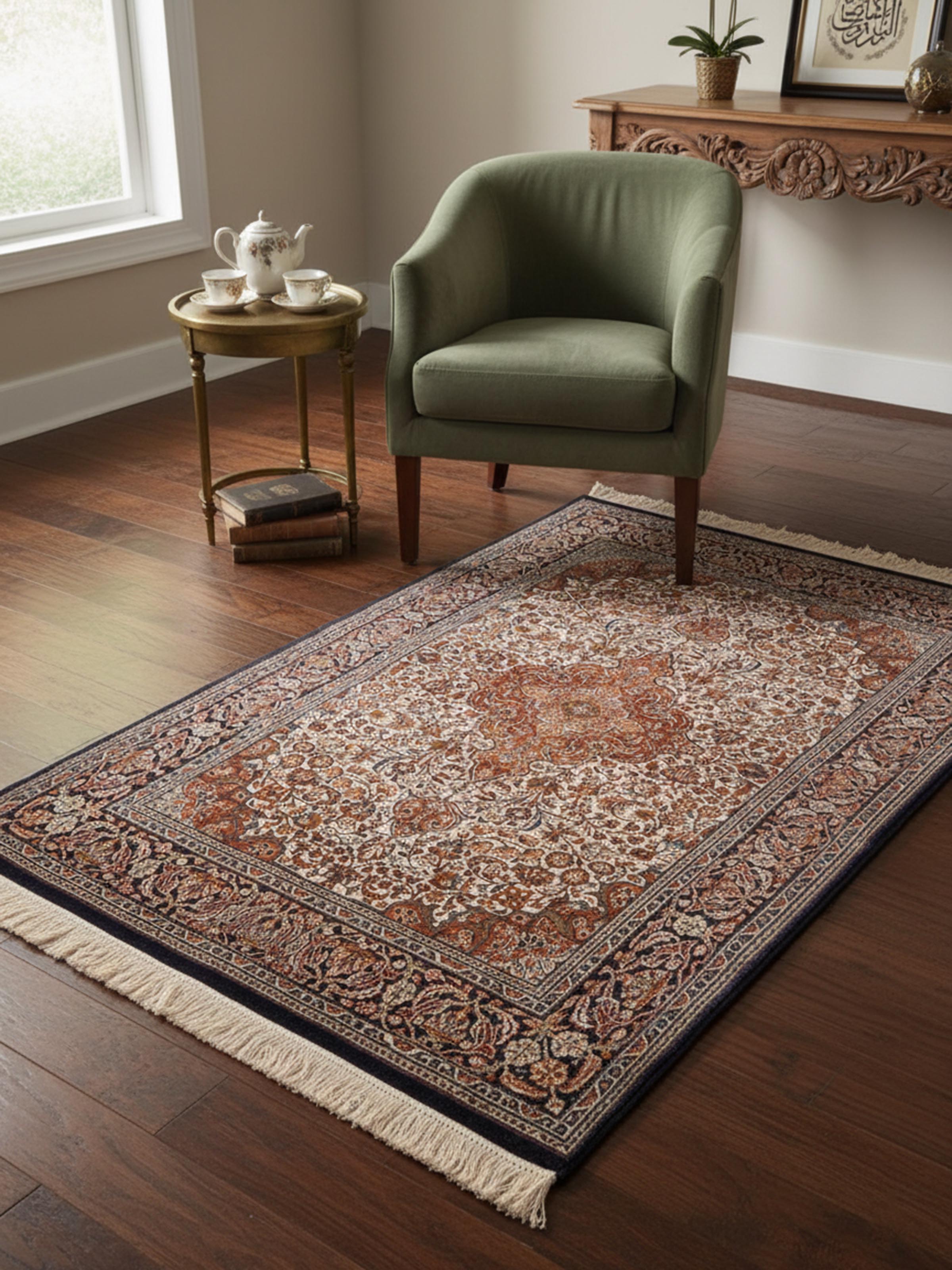 Traditional Persian ivory rust Kashan Kashmir silk hand-knotted carpet in living room setting – Swadesh