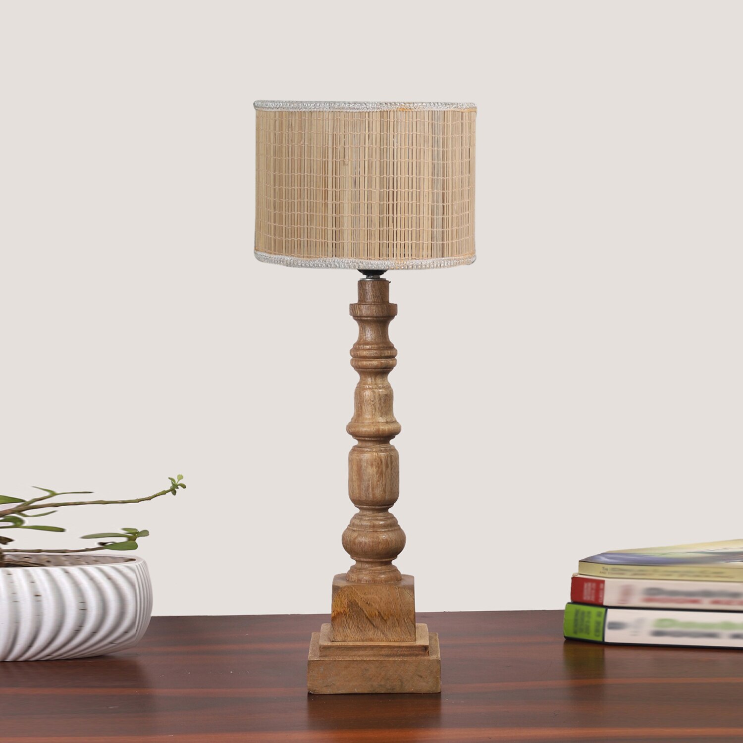 Devansh Bamboo Table Lamp With Wood Base -(7X7X21.25 Inches)-1