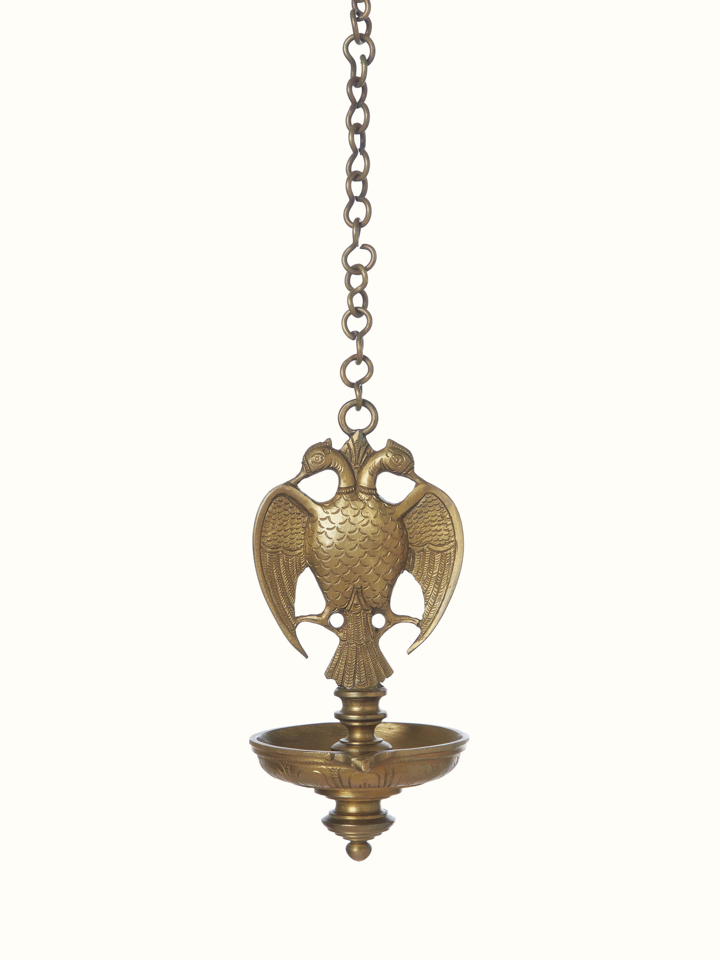 Front view of Polished Bronze-Cast Hanging Diya displaying intricate design
