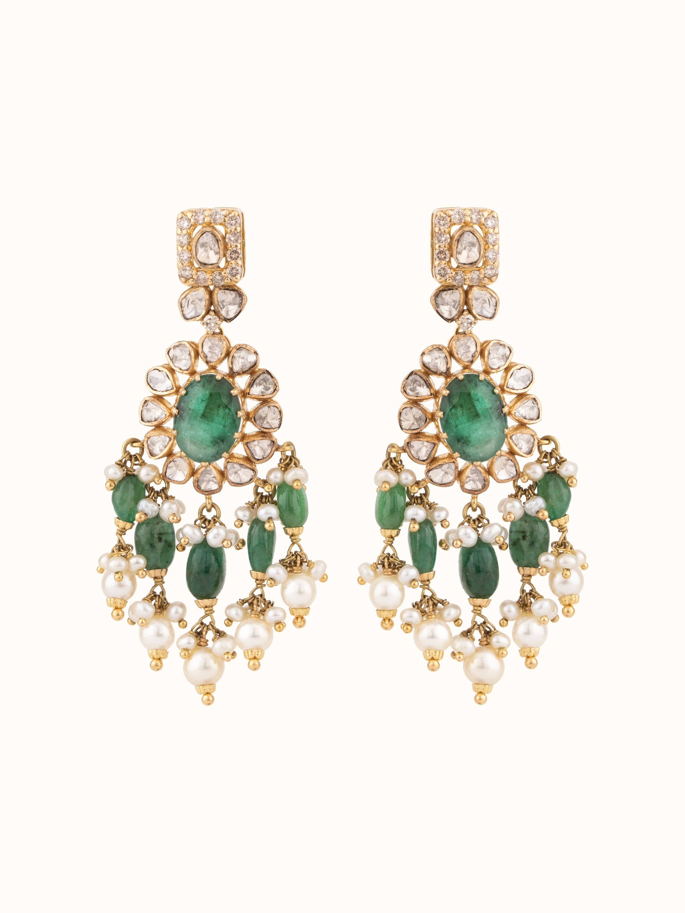 Front view of Dank Polki 18 Carat Gold Drop Earrings