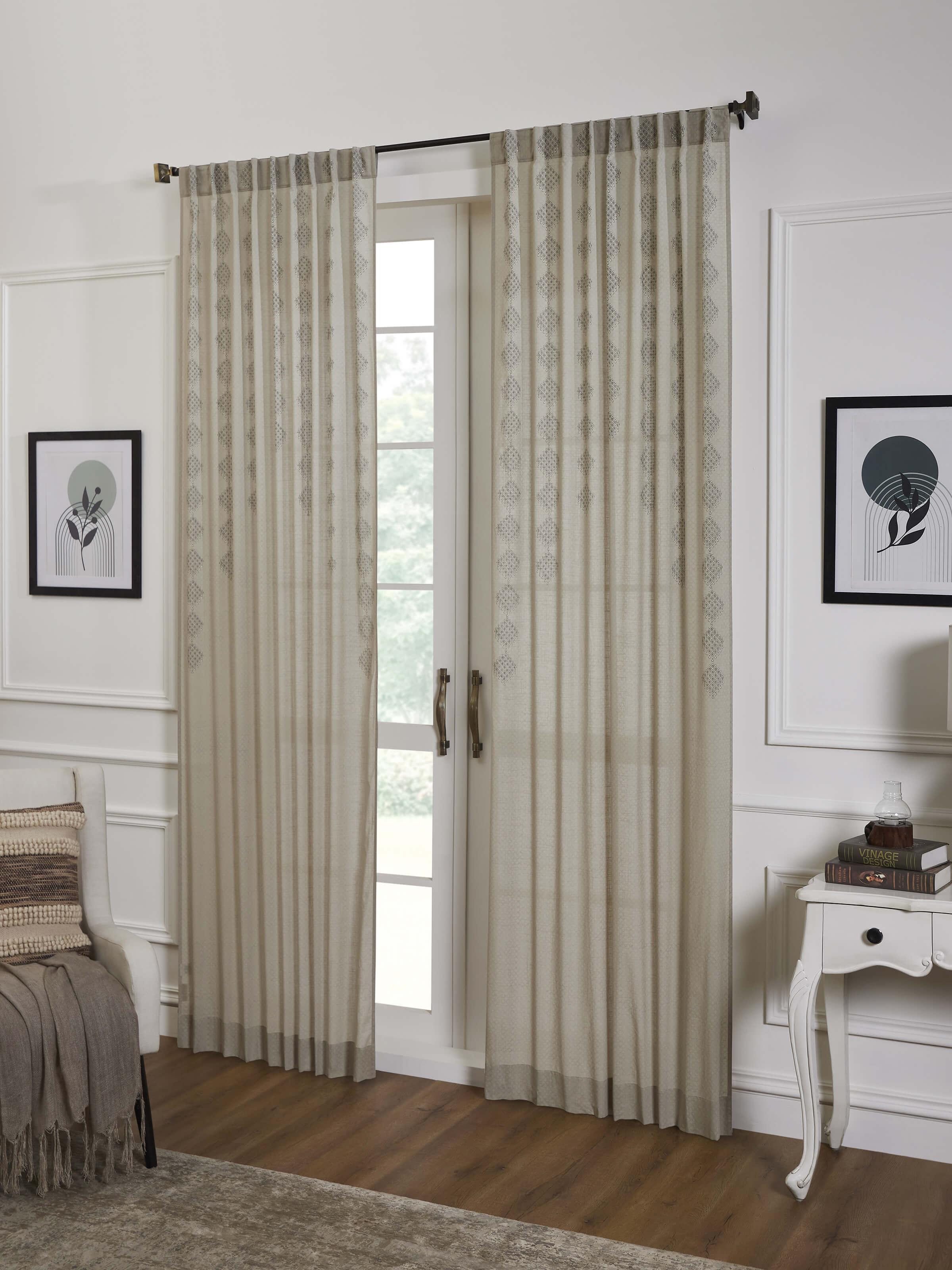 Rambagh Light Green Geo Diamond Cotton Sanganeri Hand Block Printed Curtain (9 Ft)