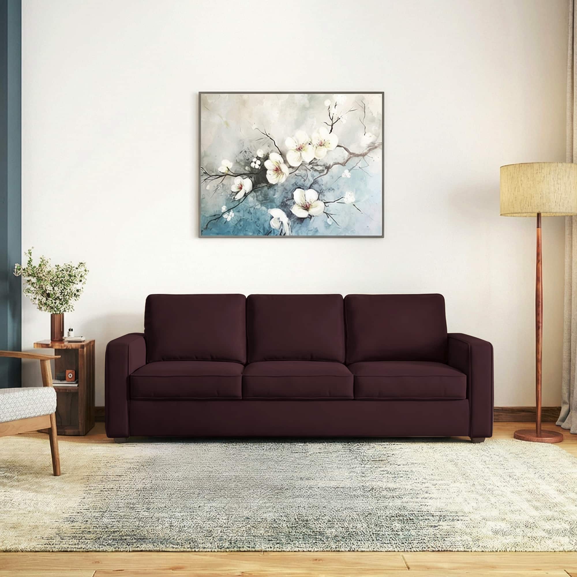 Apollo High Back 3 Seater Fabric Sofa In Deep Plum Velvet Colour