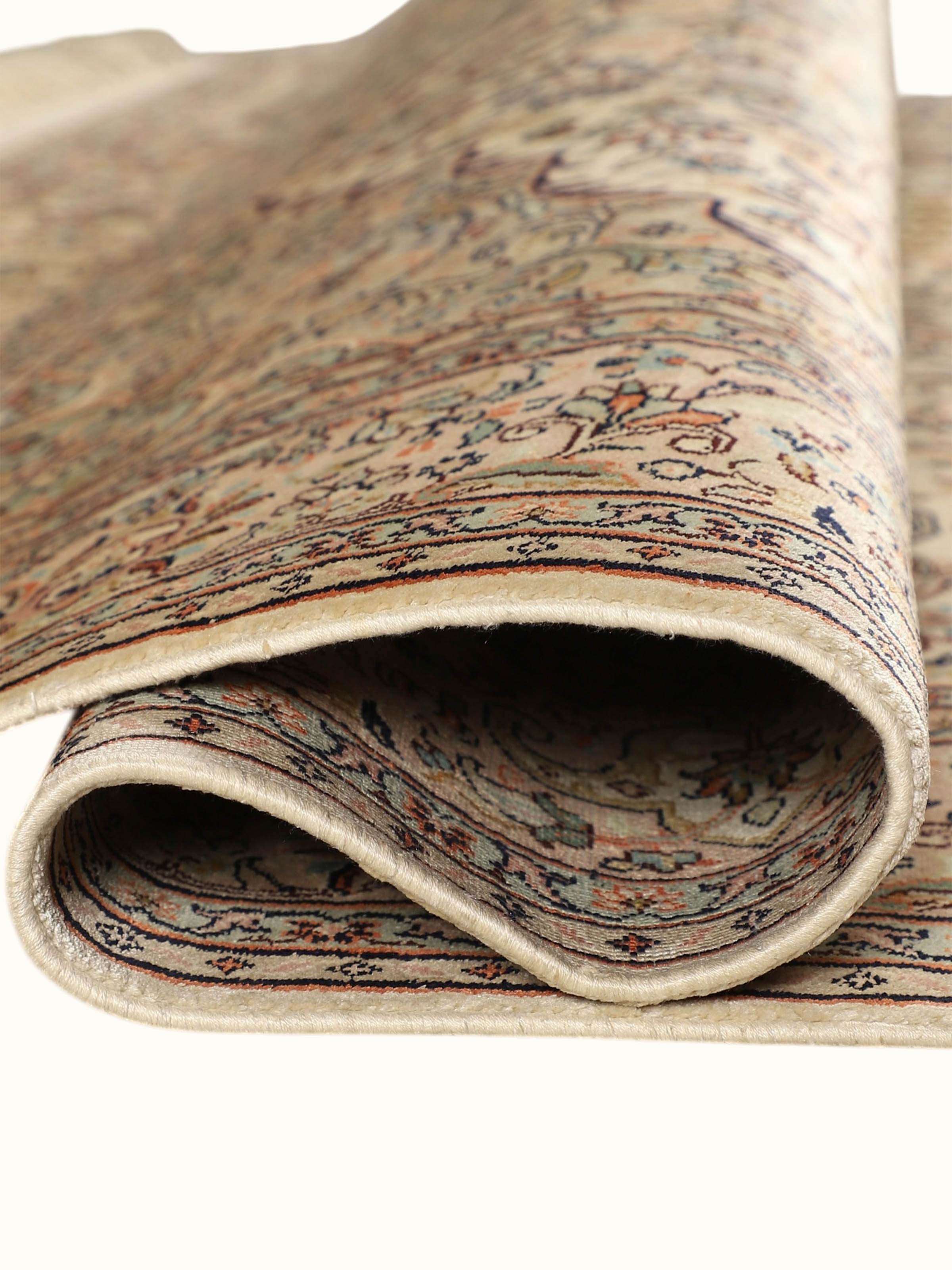 Traditional Persian Ivory Pink Kashan Kashmir Silk Hand-Knotted Carpet