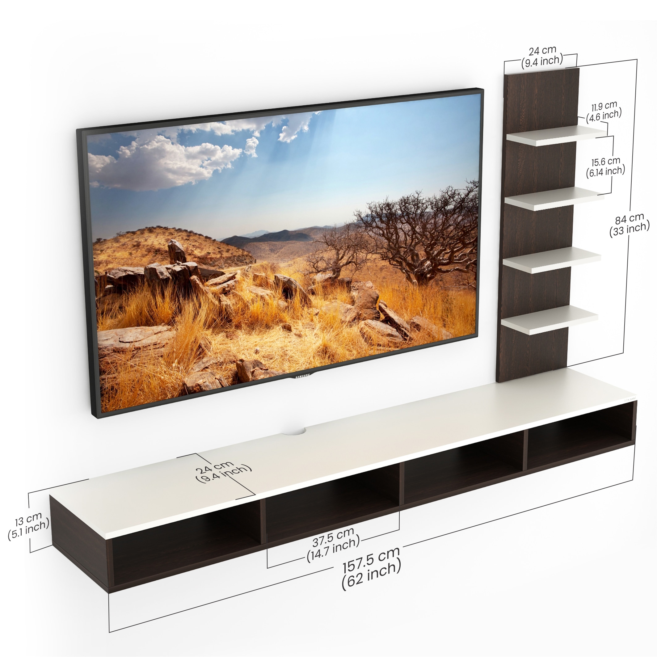 BLUEWUD Primax Large Engineering Wood Wall Mount TV Entertainment Unit Set Top Box Stand/TV Panel Cabinet with Shelves for Books & D�cor Display Unit, Ideal for 50� (Wenge & White)