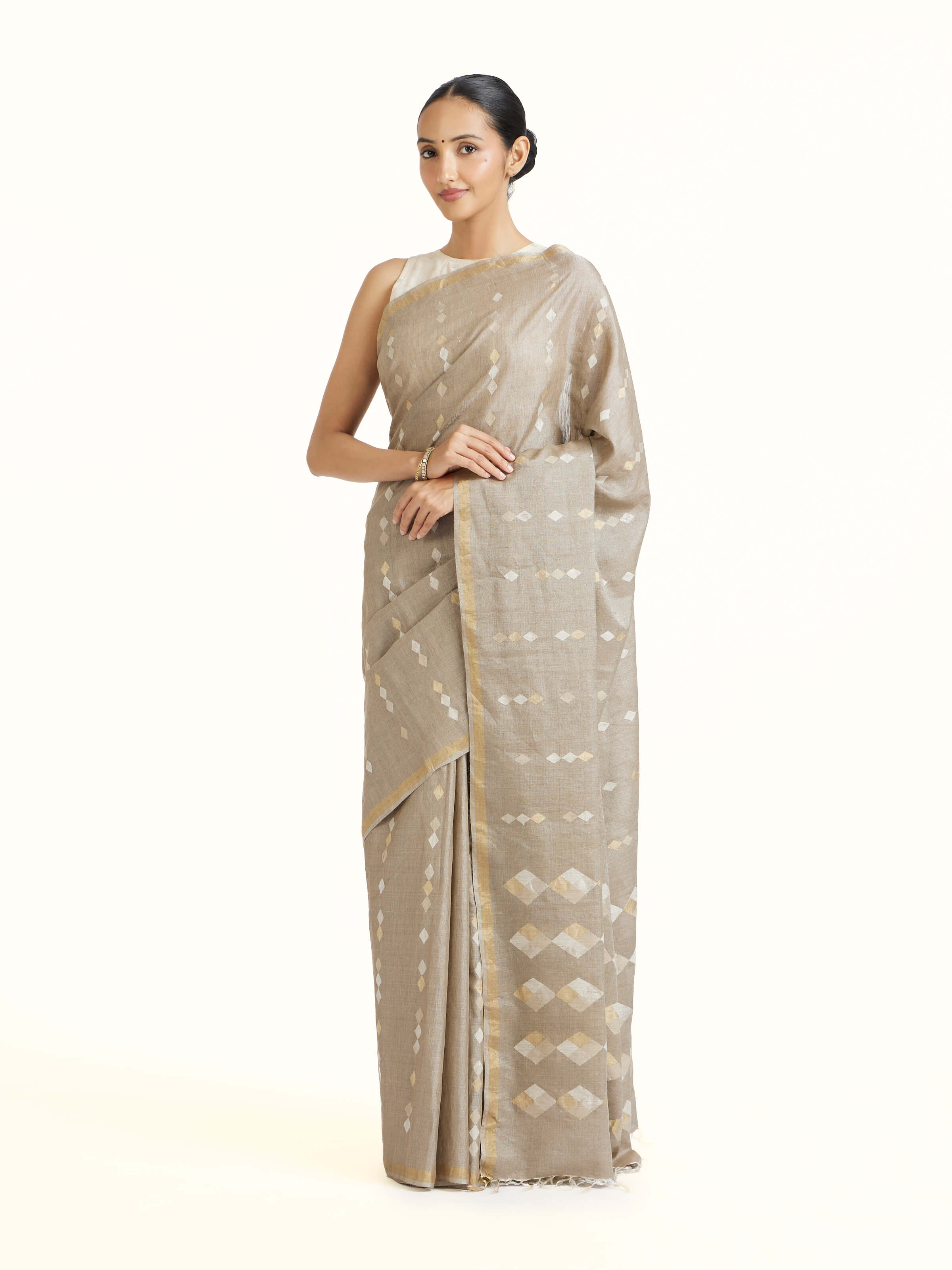 Light Grey Tussar Silk Saree