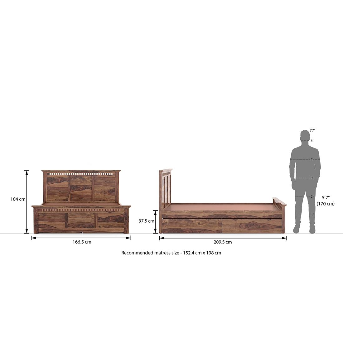 Fidora Solid Wood Queen Size Drawer Storage Bed In Teak Finish