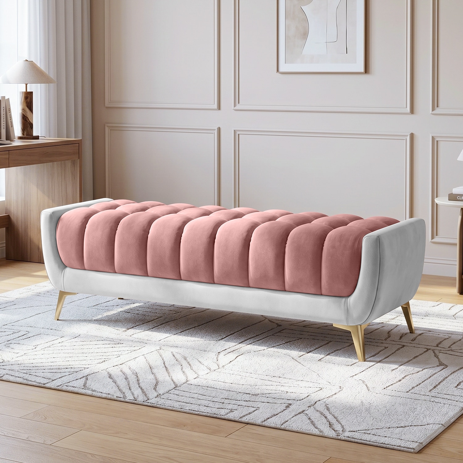 Hoslo Velvet 2 Seater Ottoman Bench in Peach & Grey Color - Home Lifestylez