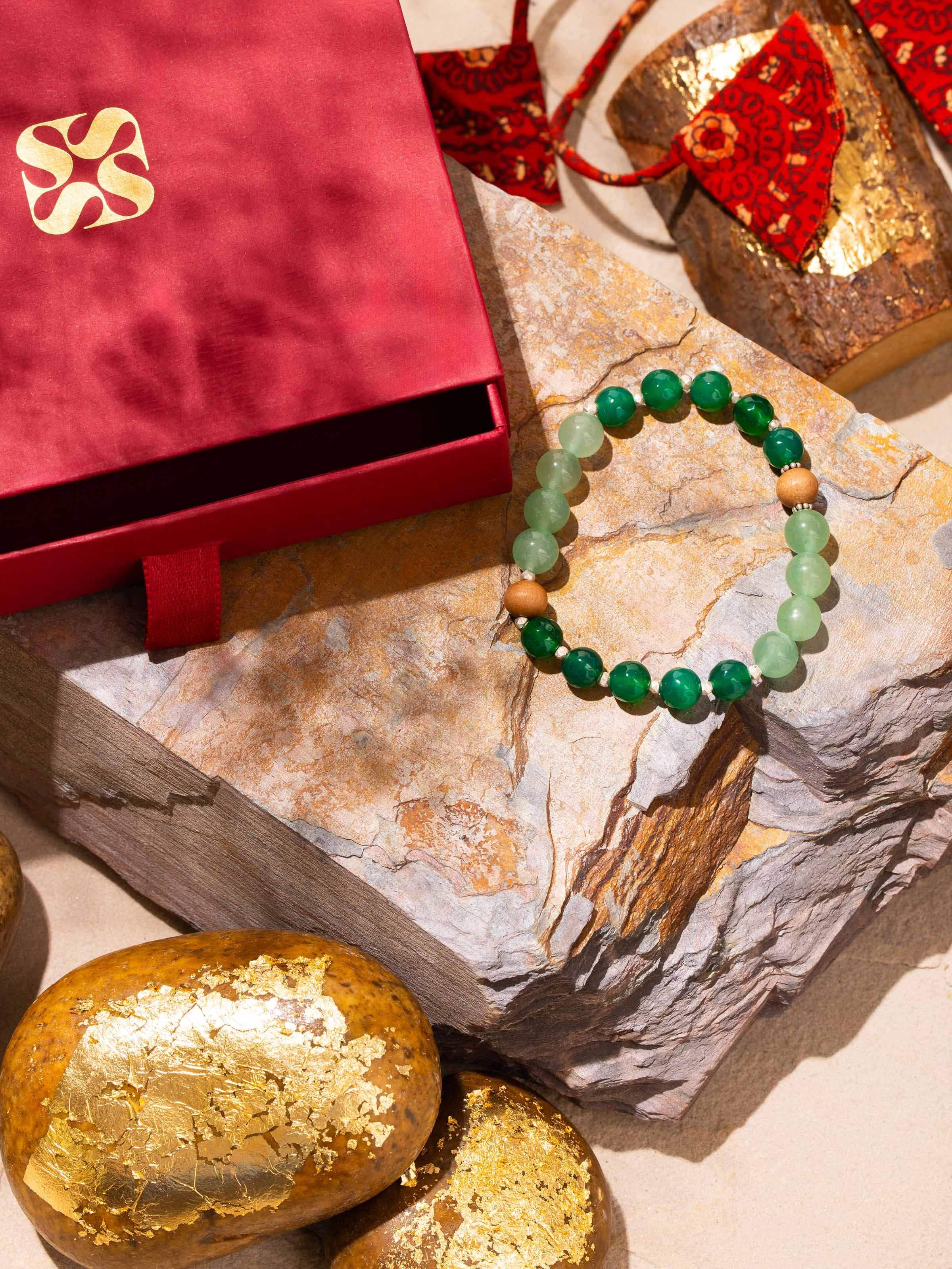Lifestyle close-up of Green Aventurine & Onyx Bracelet styled on wrist for natural and earthy elegance