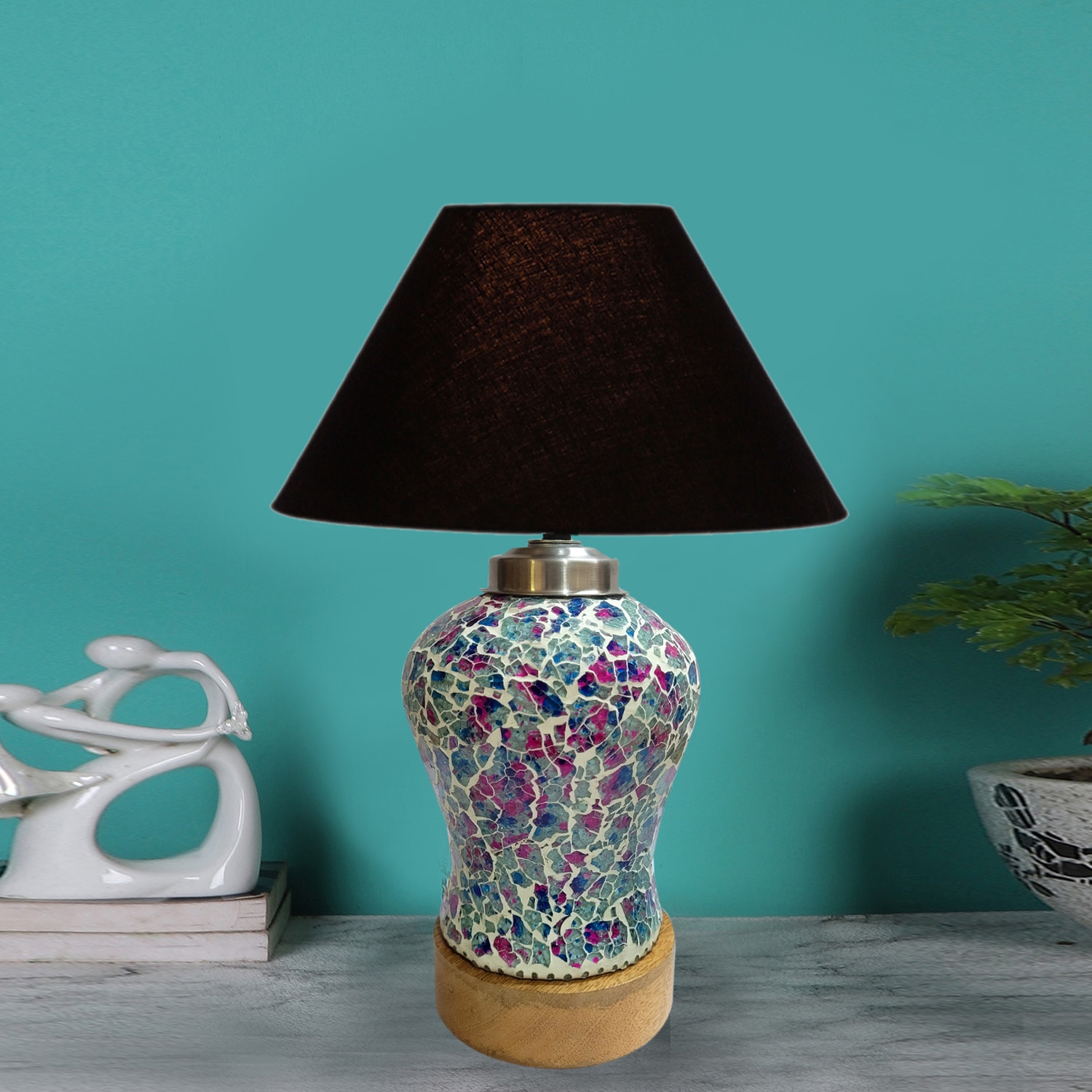 Devansh Conical  Black Cotton Shade  Lamp With  Wood & Mosaic Glass Base For Decoration /Office/Home/Gifting/Study For Decoration /Office/Home/Gifting/Study -(10X10X14.5) Inches -