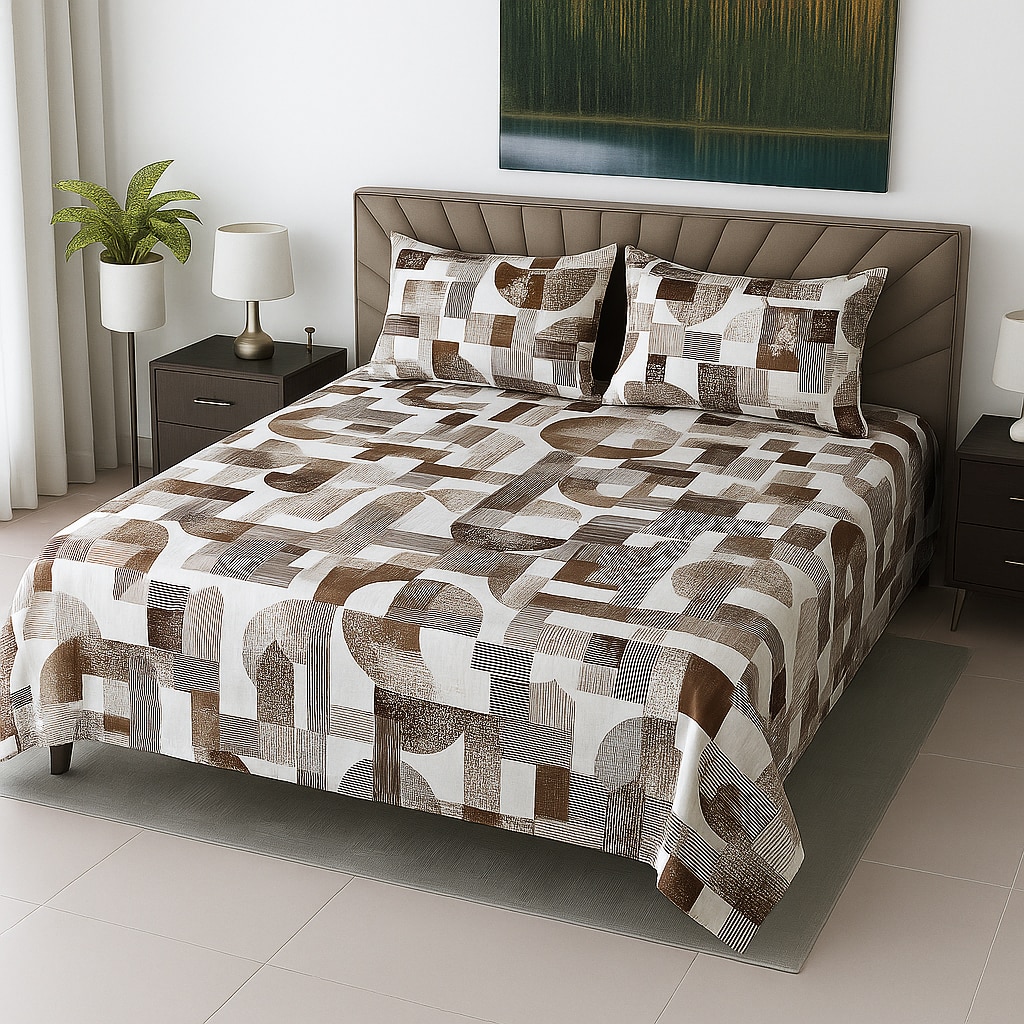 Cream Geometric 210 TC Mix Cotton Flat Super King Size Bedsheet With 2 Pilllow Covers From Threads