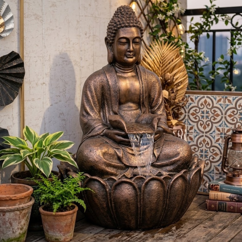 Copper Fiber Glass Delmas Lotus Buddha Indoor Water Fountain