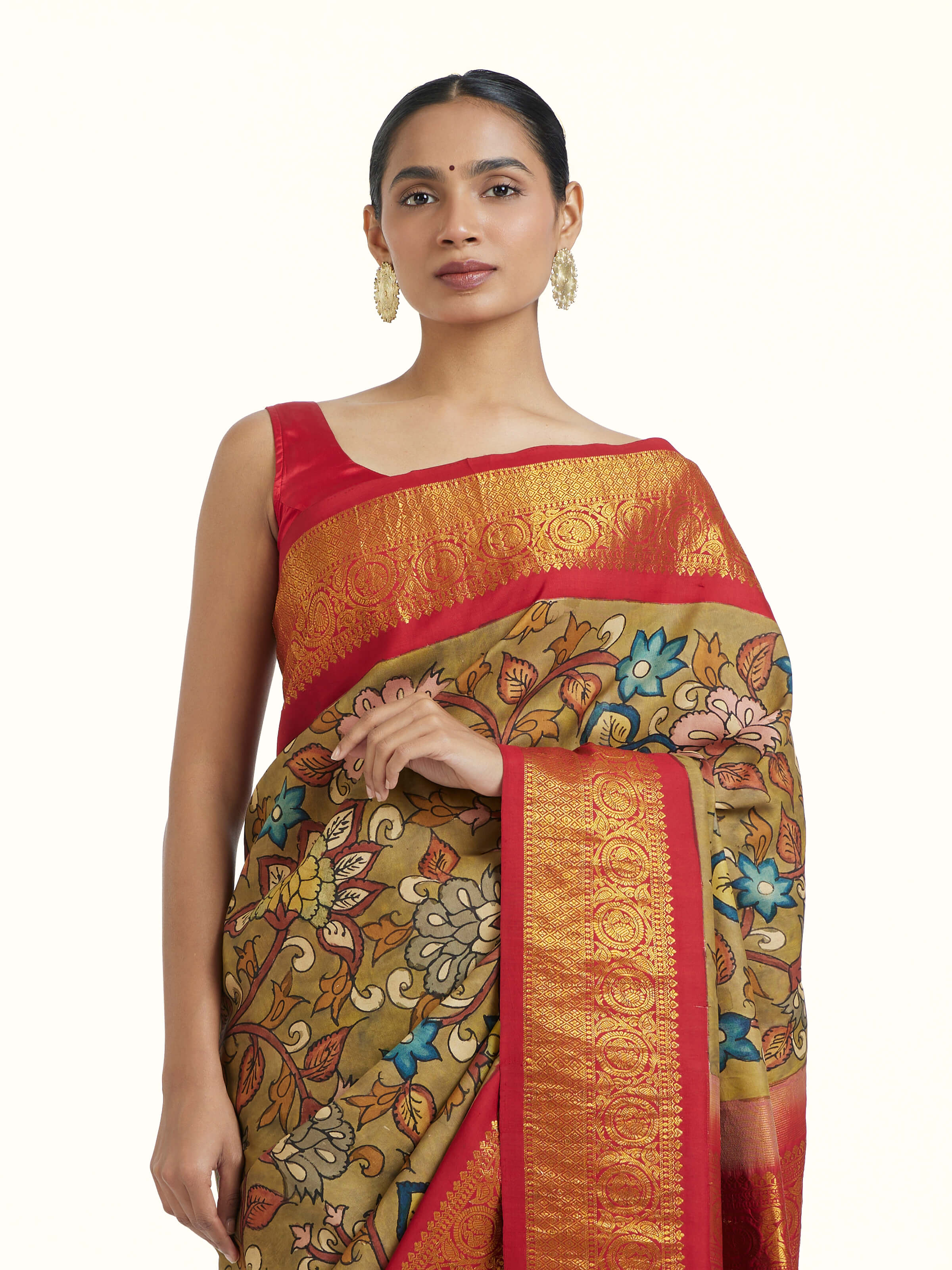 Red Kalamkari Kancheepuram Silk Saree