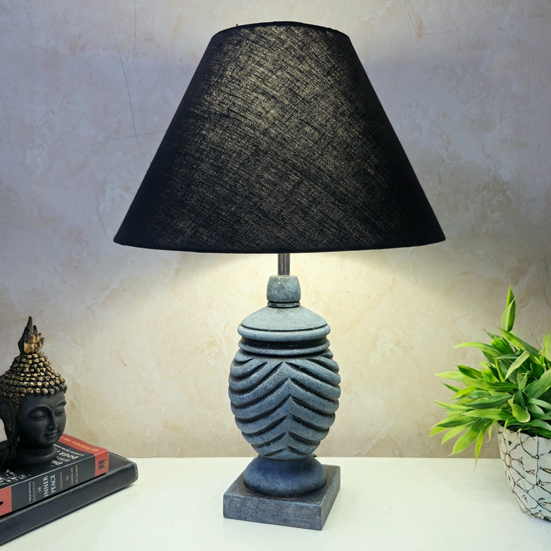 Grey Color Handpainted And Hancarved Distress Wooden Table Lamp