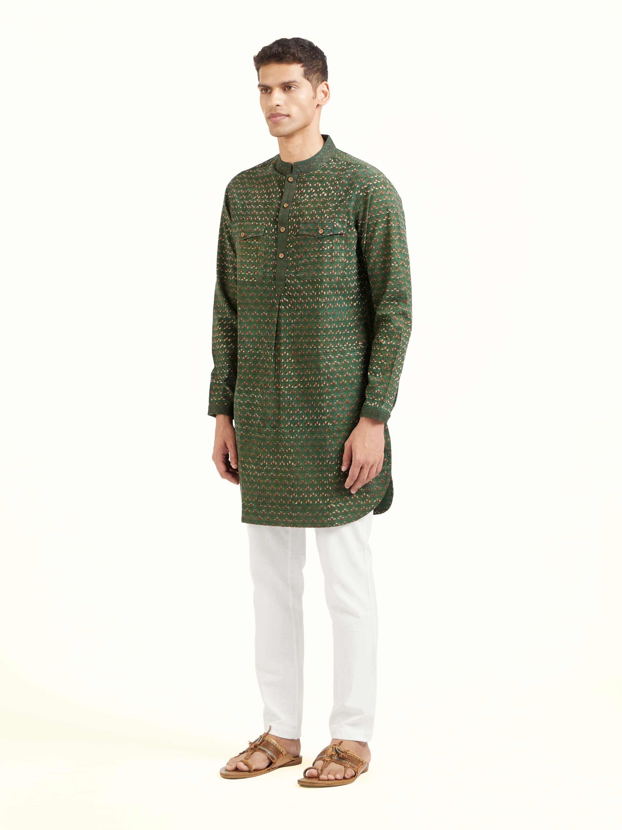 Side view of teal cotton phad block printed kurta with straight silhouette and comfortable fit