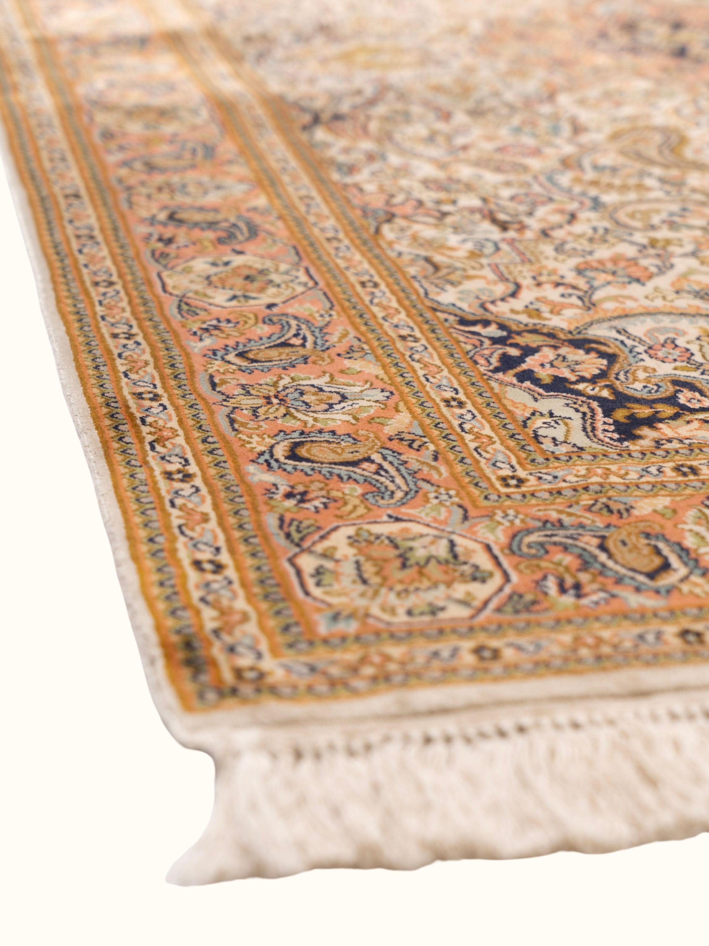 Traditional Persian Ivory Tabriz Kashmir Silk Hand-Knotted Carpet