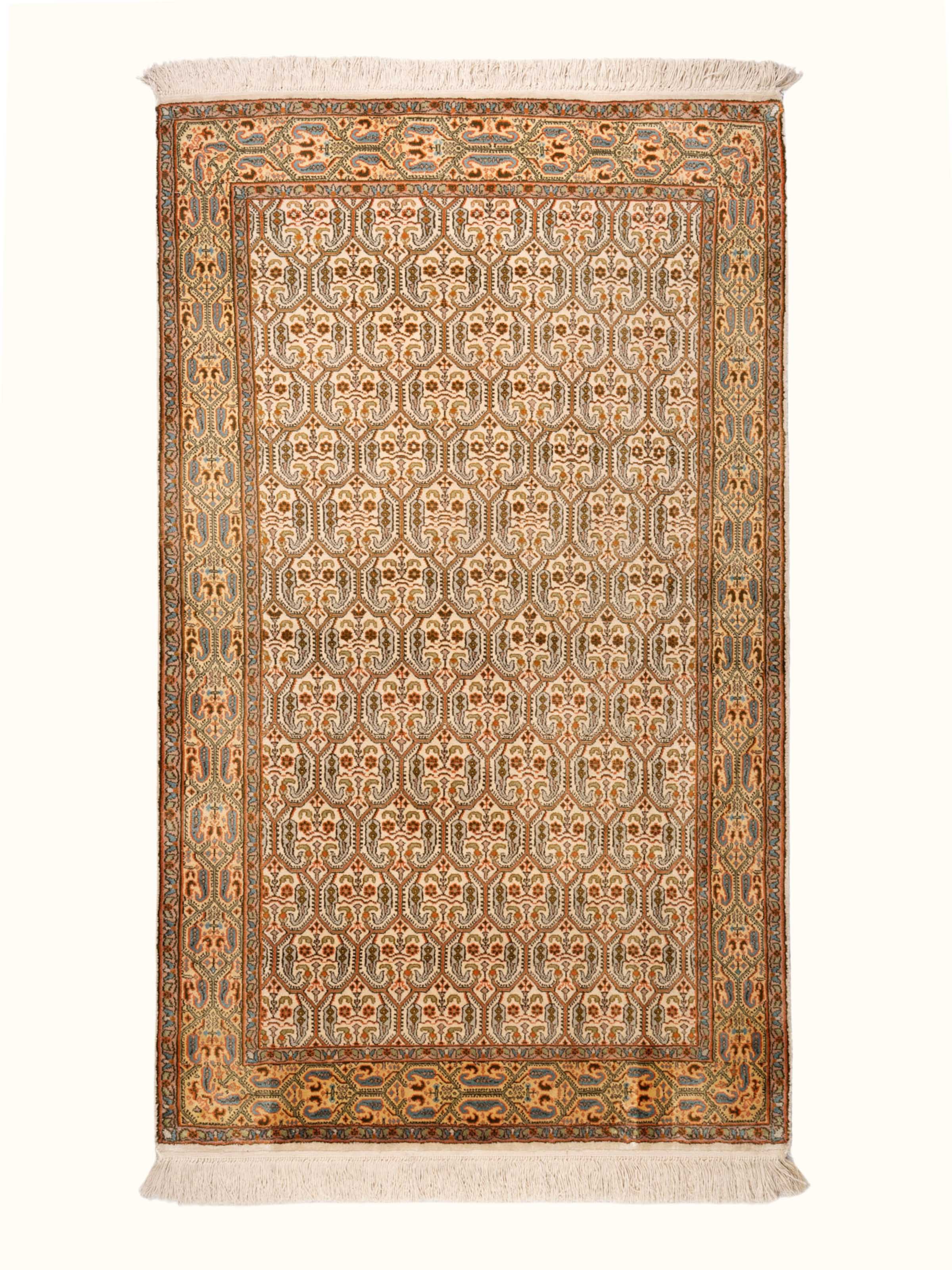 Traditional Persian Ivory Senneh Kashmir Silk Hand-Knotted Carpet