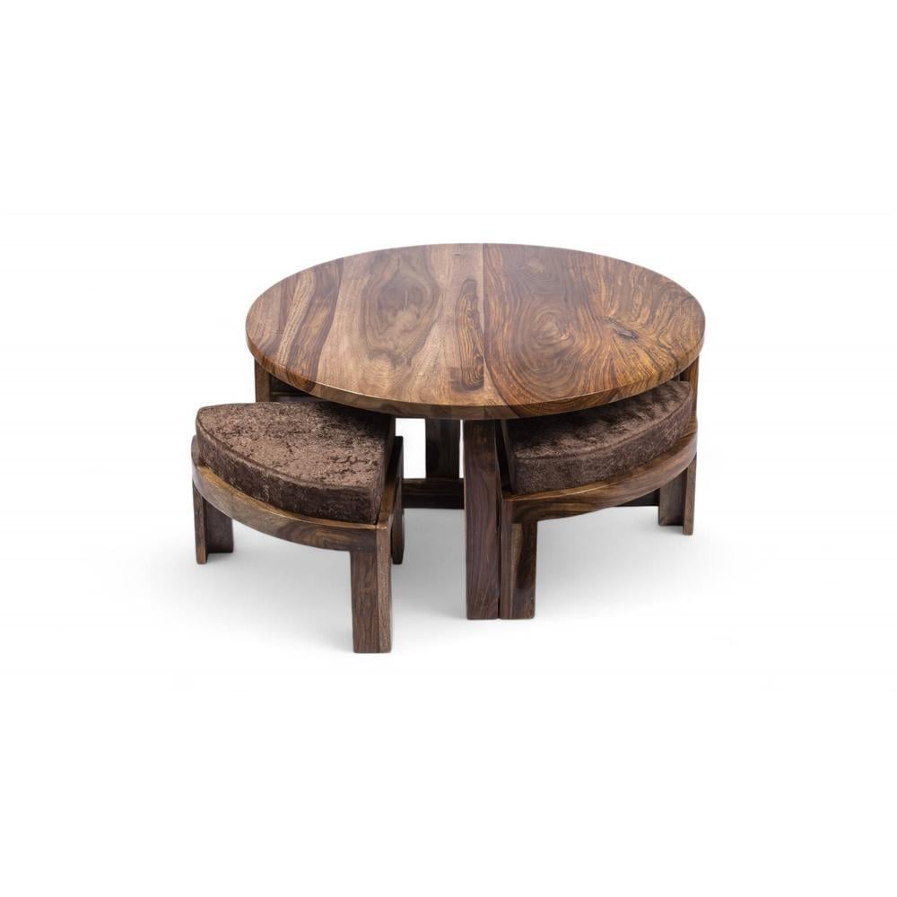Nashville Sheesham Wood 4 Seater Coffee Table Set In Teak Finish Brown Sparkle Velvet Cushion