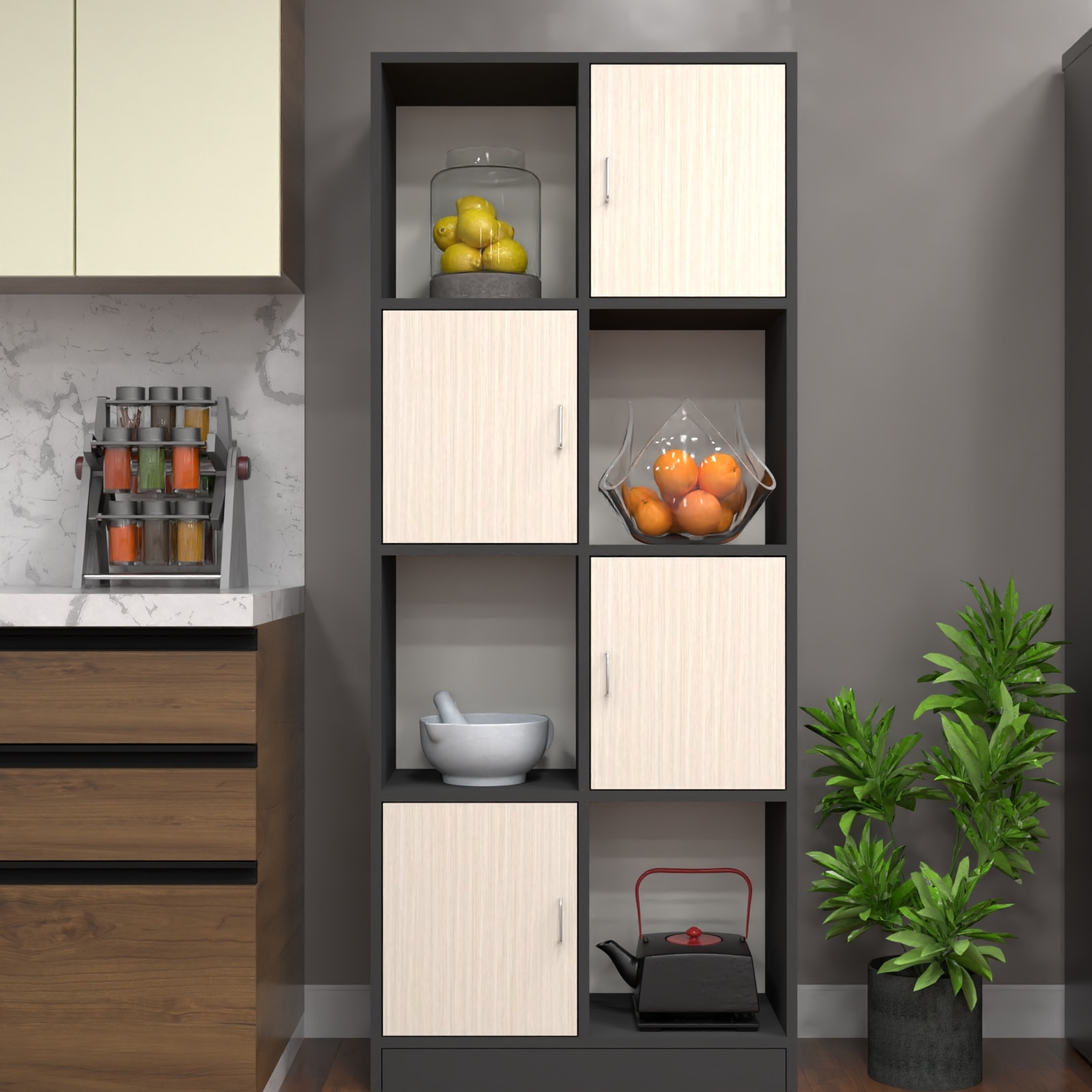 8 Shelves Semi Open Multipurpose Matrix Kitchen Cabinet In Highland Pine & Slate Grey Finish - Speciality Panels