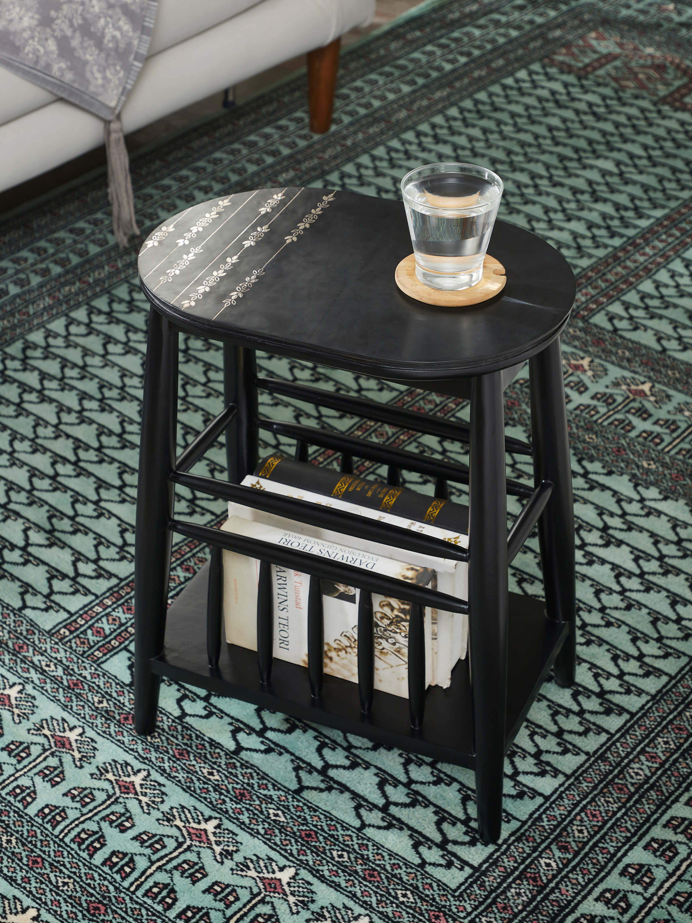 Mango Wood & Metal Bidriware Magazine Rack