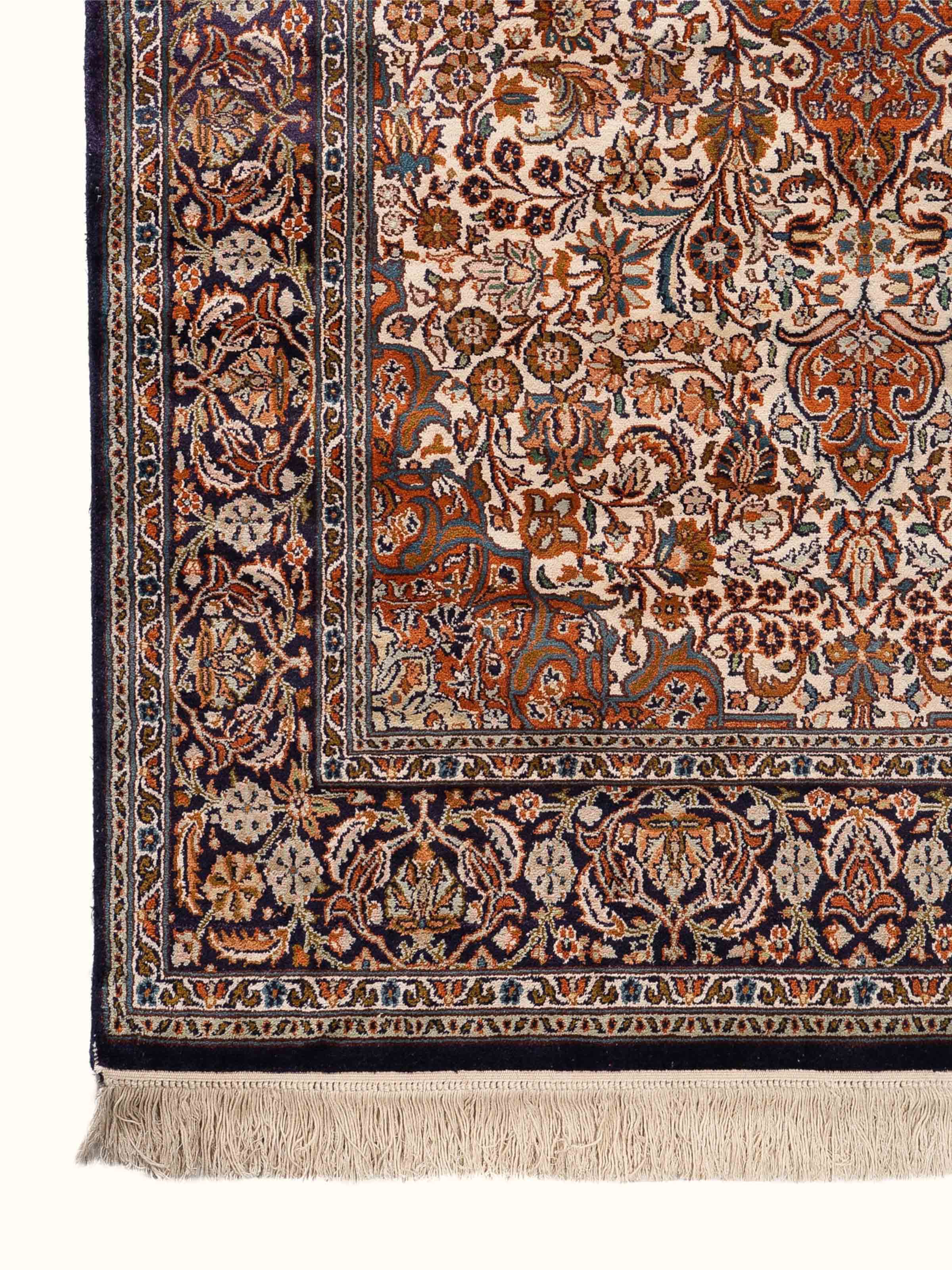 Traditional Persian Ivory Rust Kashan Kashmir Silk Hand-Knotted Carpet