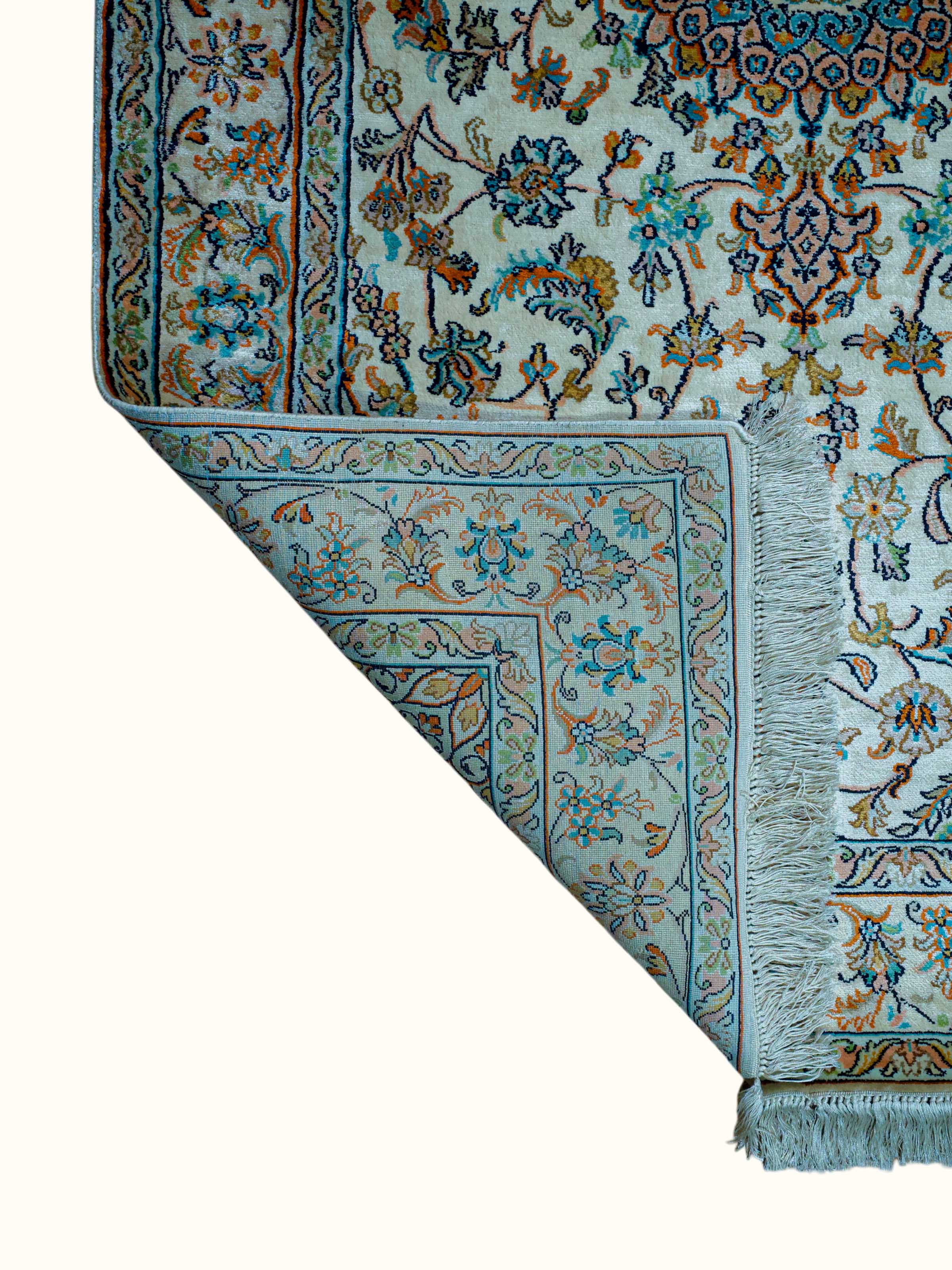 Traditional Persian Beige Kashan Kashmir Silk Hand-Knotted Carpet
