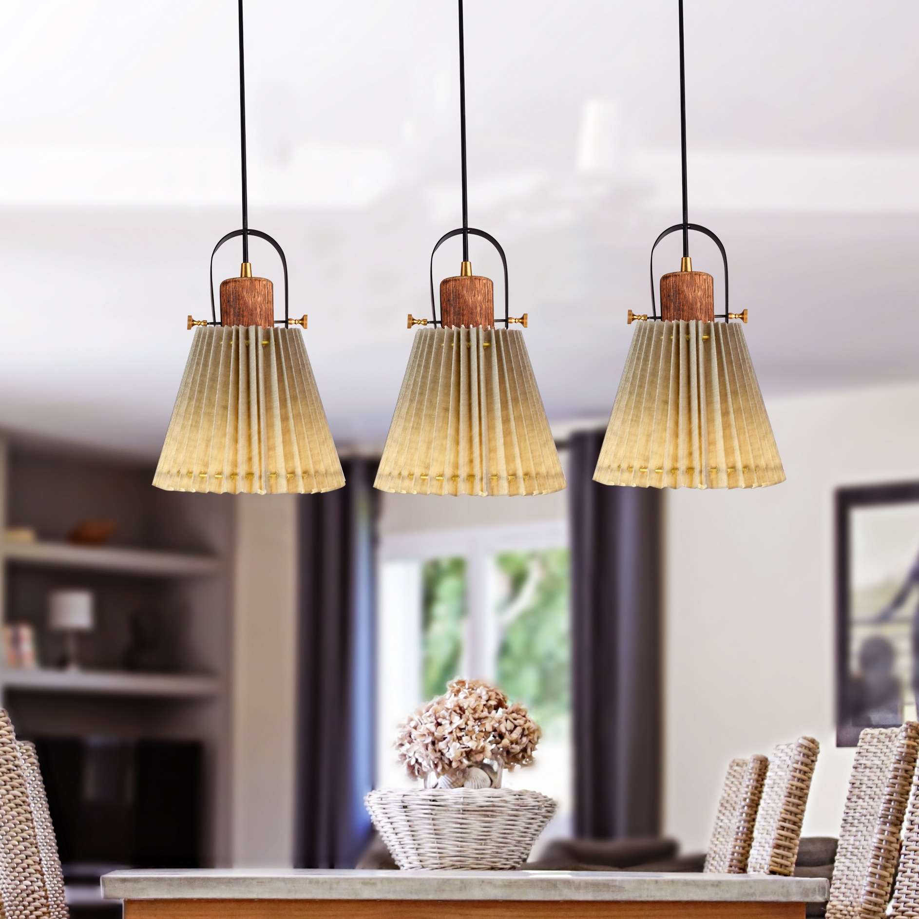 Liebe Cluster Wood And Metal Hanging Pendant Light With Beige Cotton Shade