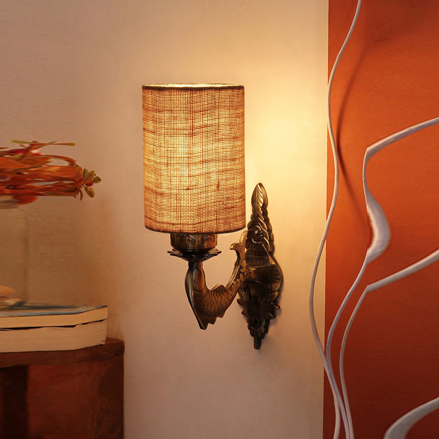 Devansh Metal Electric Wall Light in Antique Gold Colour with Beige Shade Count of 1 Light - Devansh