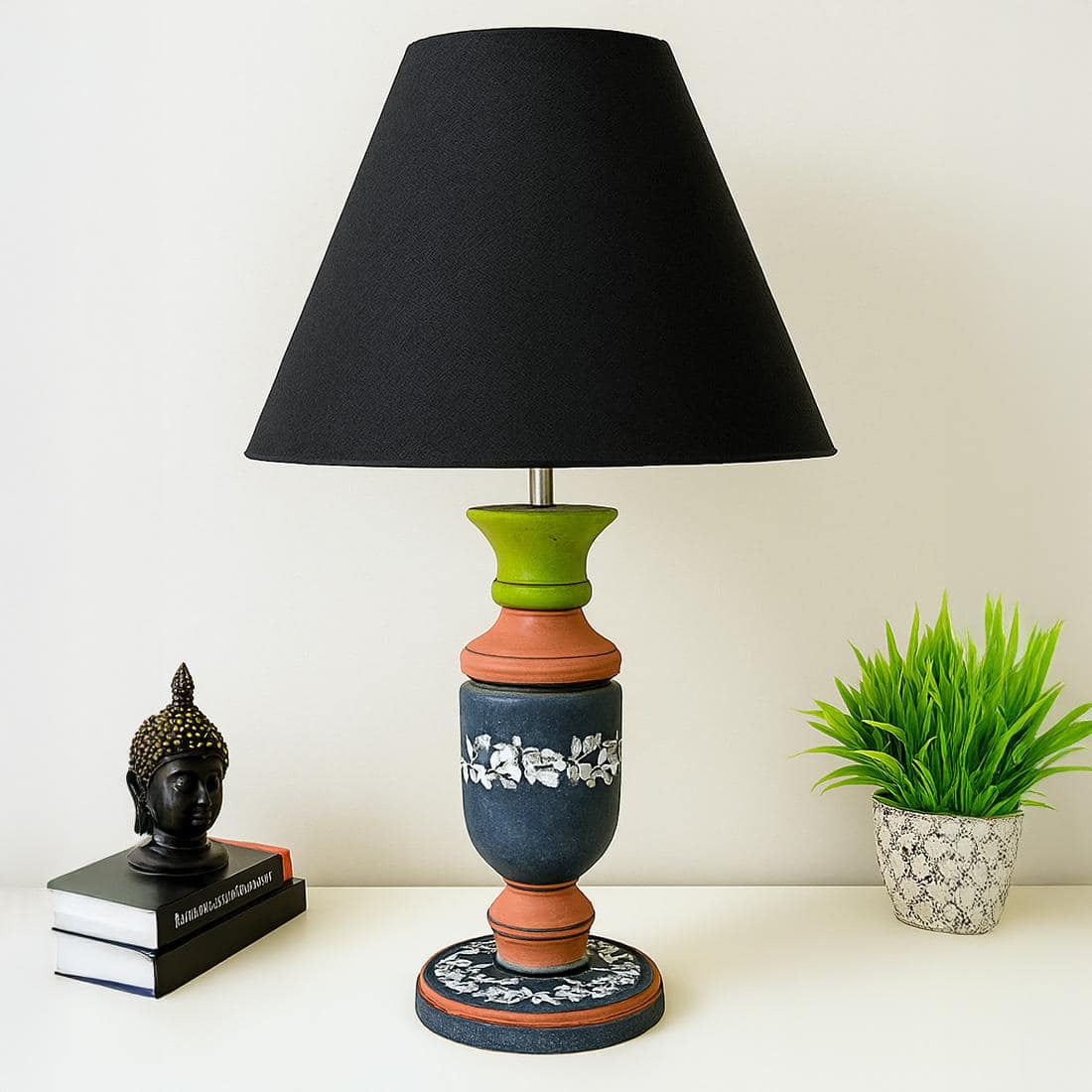 Pillar Black Pink Stone Wooden Table Lamp in Multicolor