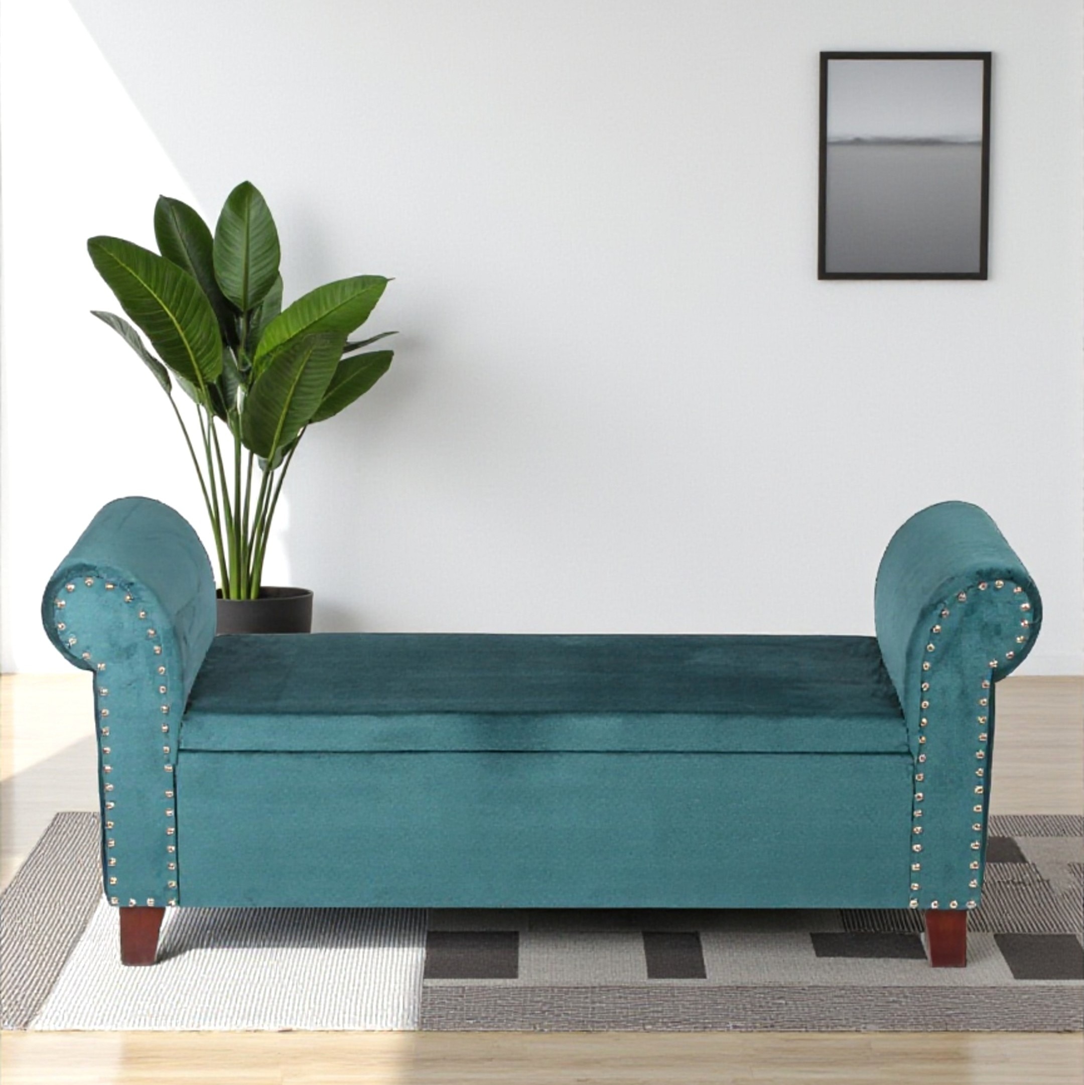 Queens Solid Wood 2 Seater Bench/ Couch With Inside Storage Space In Turquoise Sea Velvet