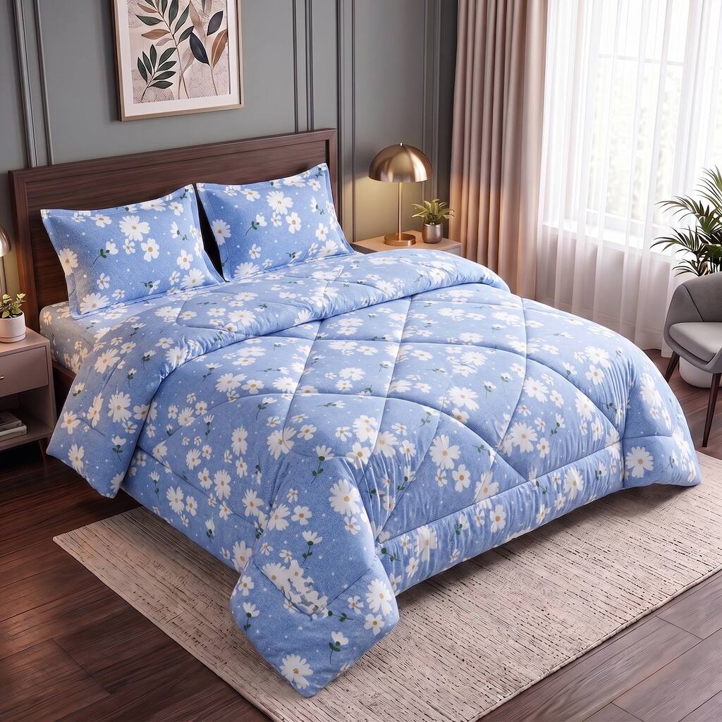 Blue Floral 4 Pcs Comforter Set With Queen Size Bedsheet With 2 Pillow Covers