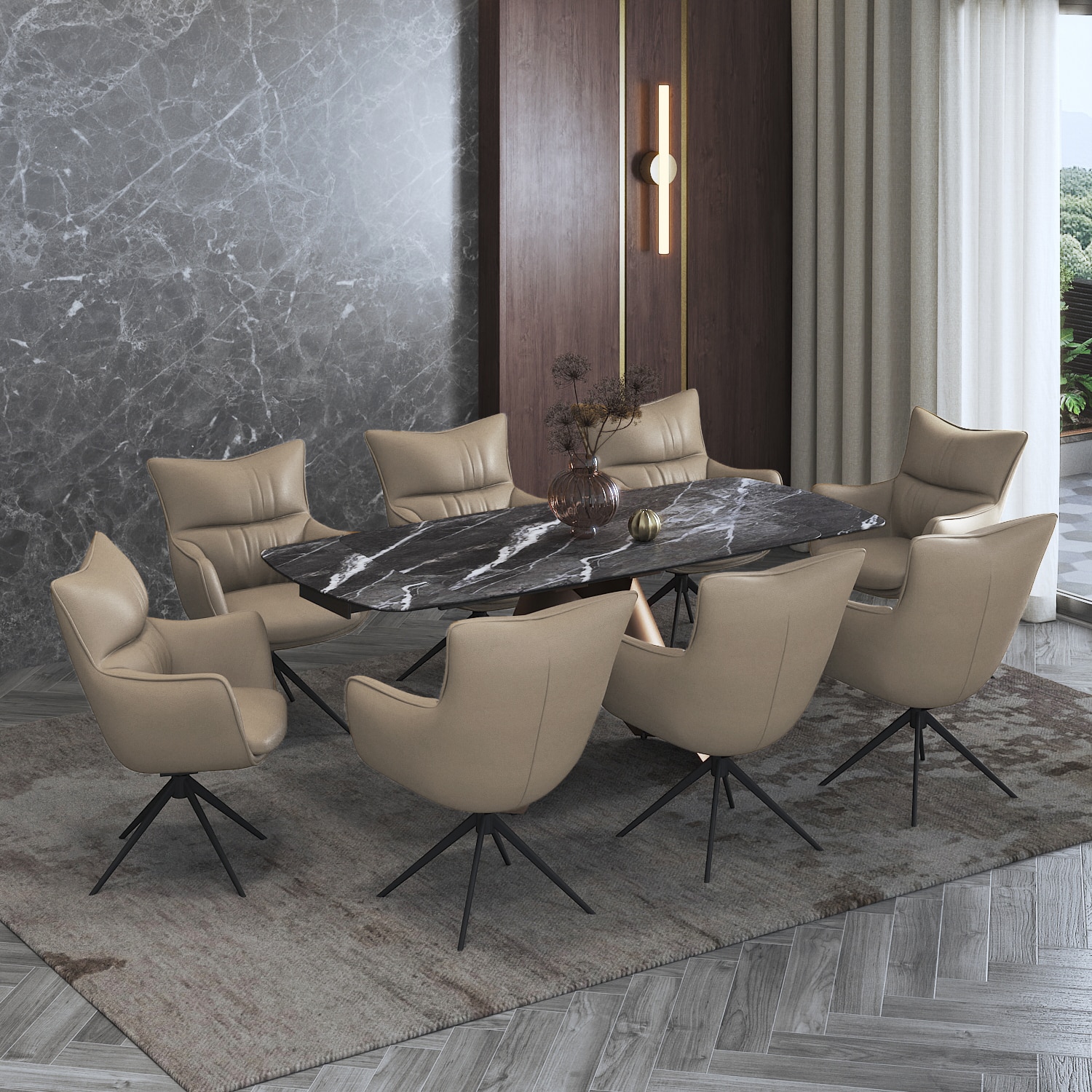 Aeris Ceramic 6 to 8 Seater Extendable Dining Table Black Jade With Set of 3  Beck Dining Chair Taupe Leatherrete