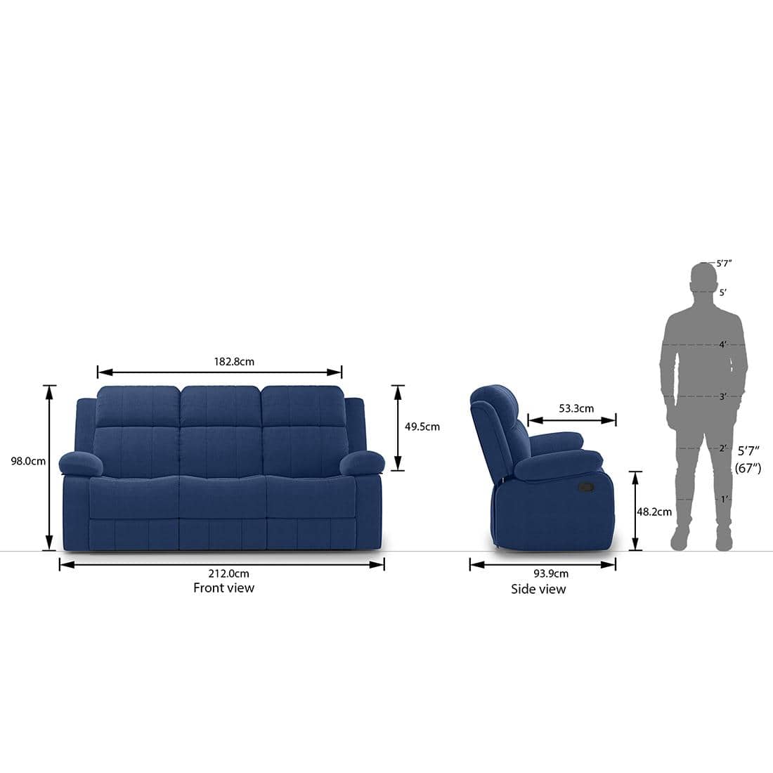 Griffin Fabric Three Seater Manual Recliner in Lapis Blue Fabric Colour