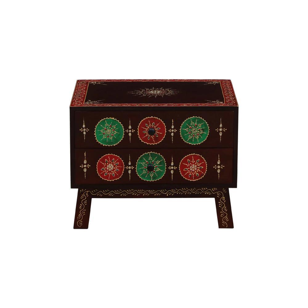 Hand-Painted Solid Wood Dresser in Multicolour with Mirror