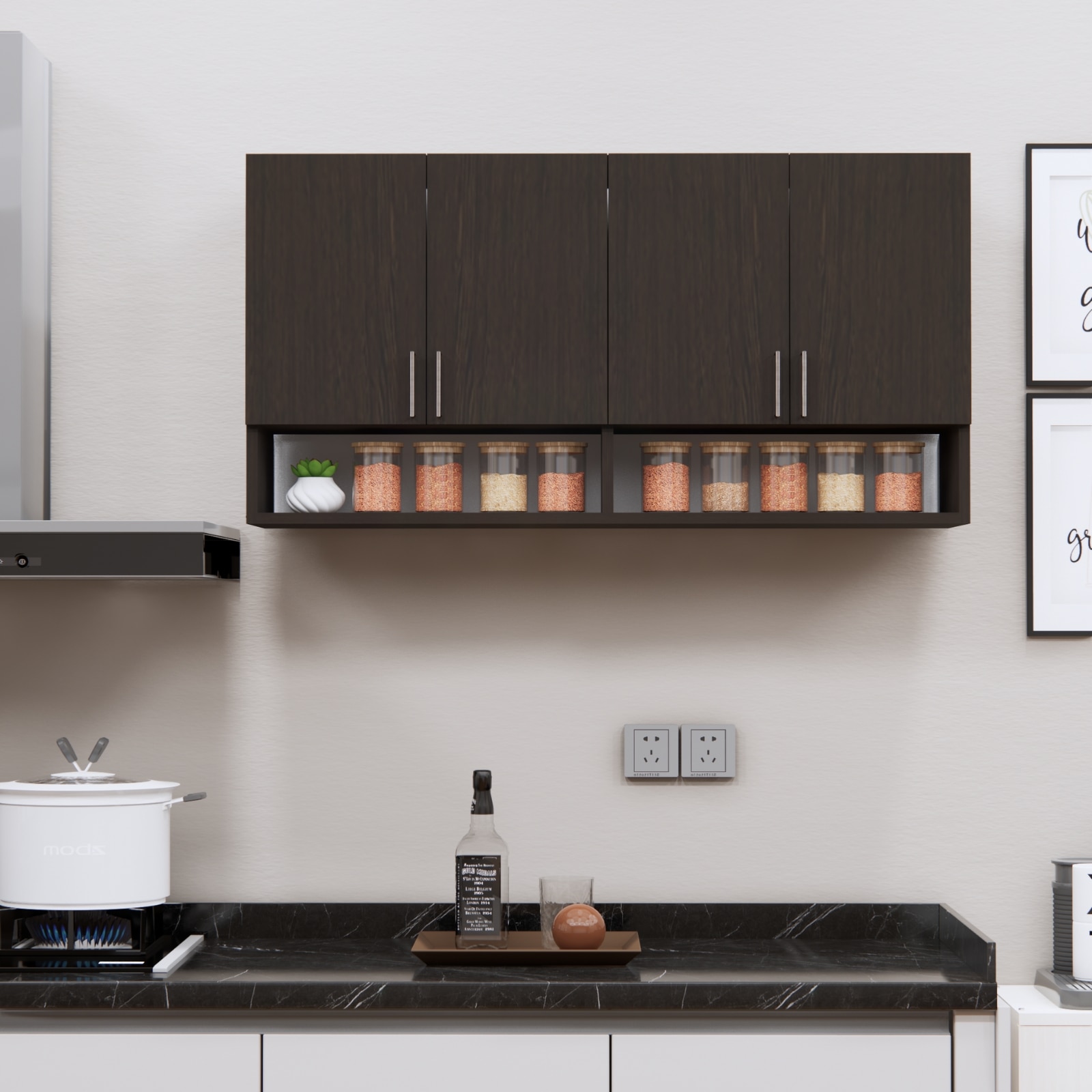 4 Doors Modular Wall Mounted Kitchen Cabinet With Organizer Shelf In Chiyoda Wange Finish - Speciality Panels