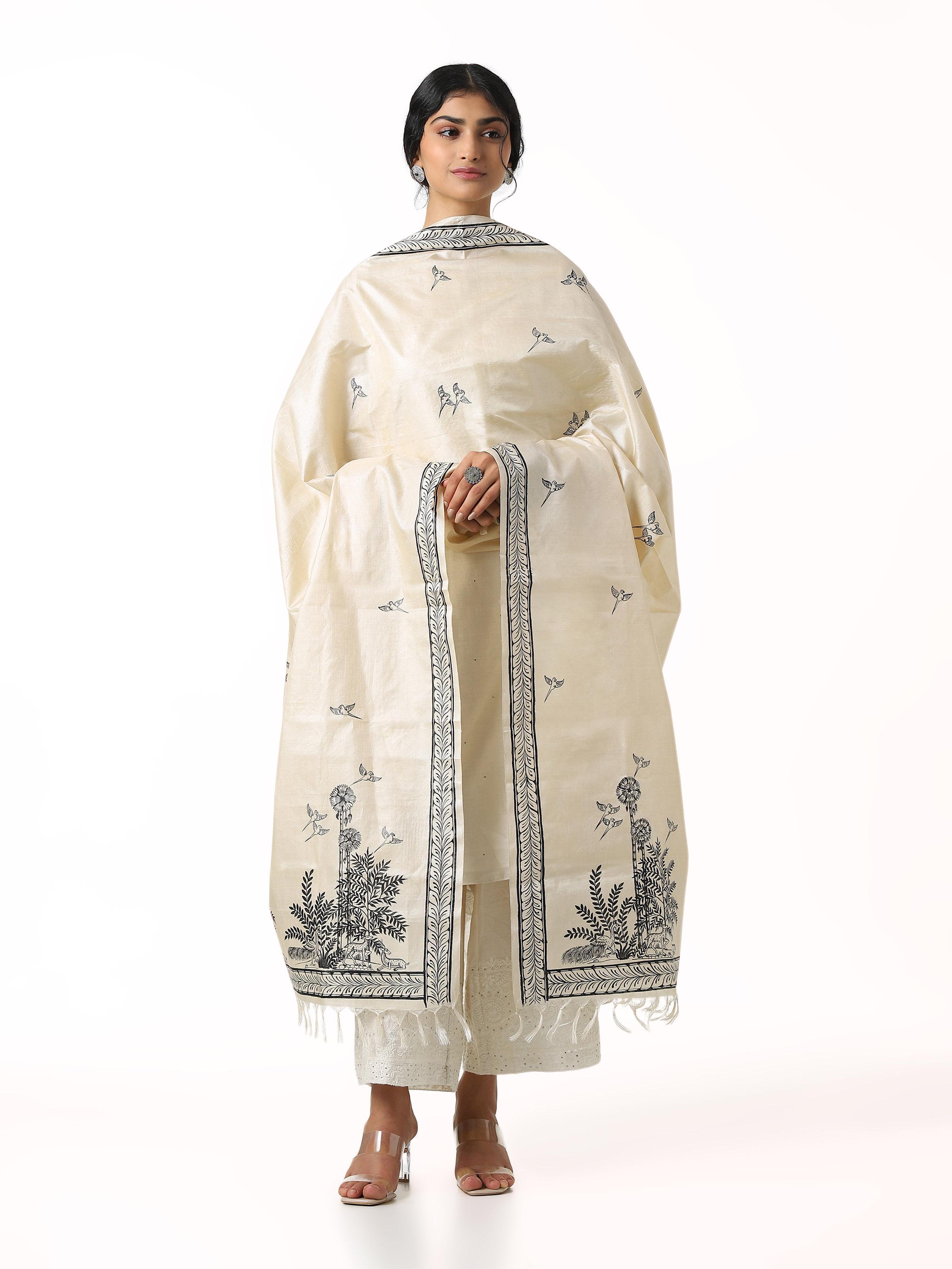 Natural Tussar Silk Hand Painted Pattachitra Dupatta