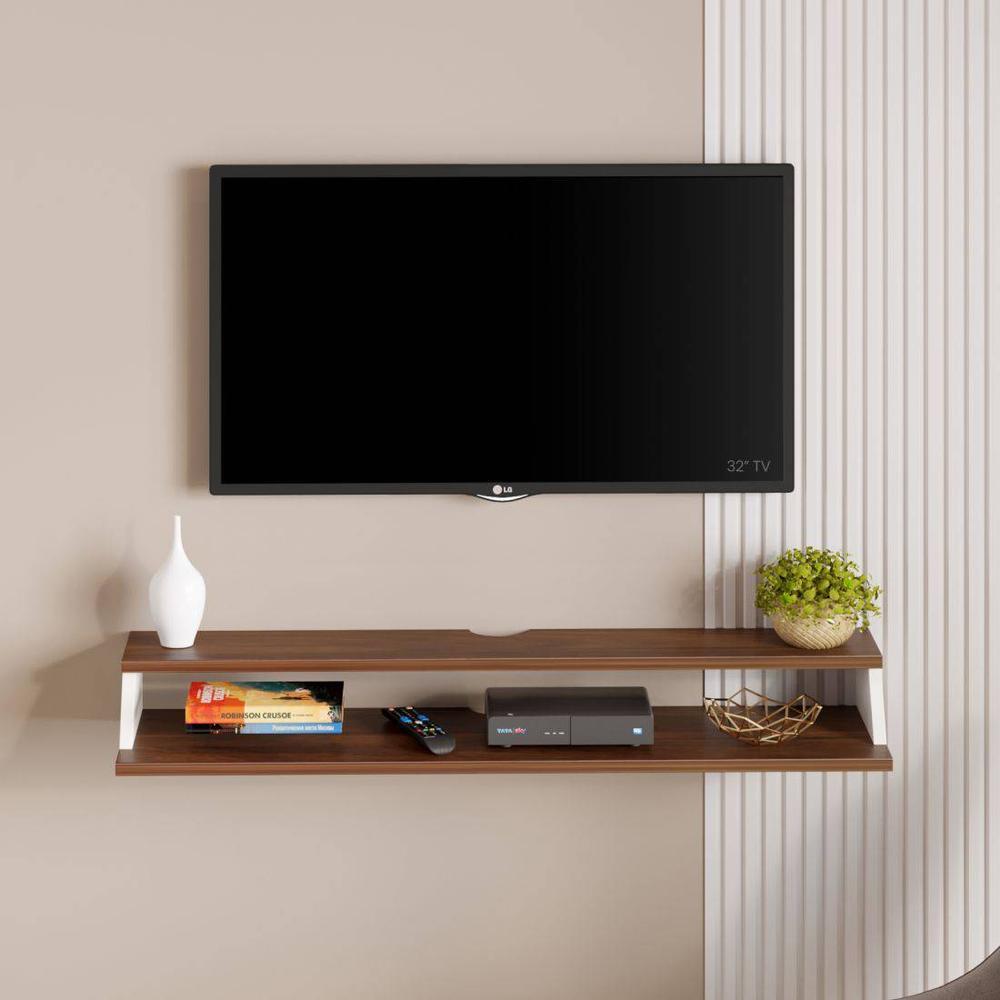 Maisy Engineering Wood Wall Mount TV Entertainment Unit Set Top Box Stand/TV Cabinet with Shelves for Books & Decor Display Unit Bed Living Room Large Upto 50 Inches (Brown Maple & White)