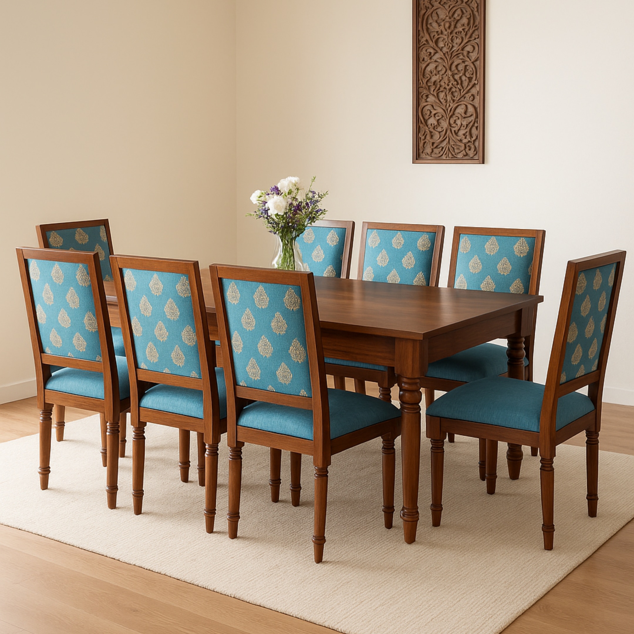 Globally Indian Sheesham Wood 8 Seater Dining Table Set With 8 Solid Wood Upholstered Chairs –  In Blue Color