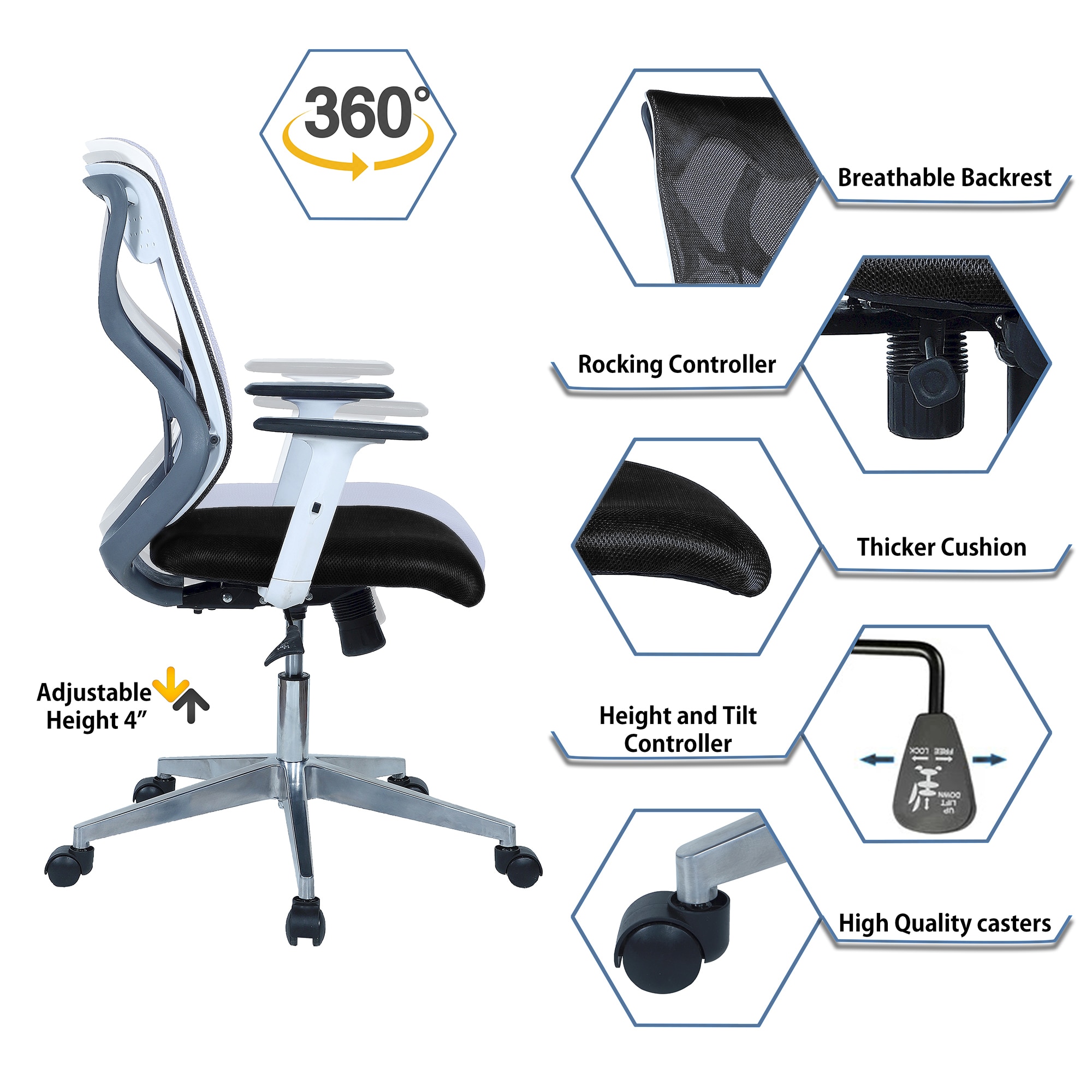 Wiwngas Mid Back Ergonomic Chair in Black Colour