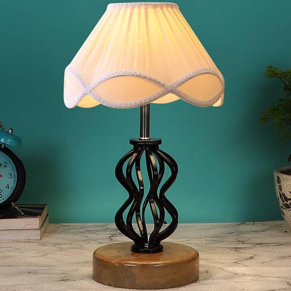 Giselle Vintage off-white Shade Table lamp with Wood & Iron Base - Devansh