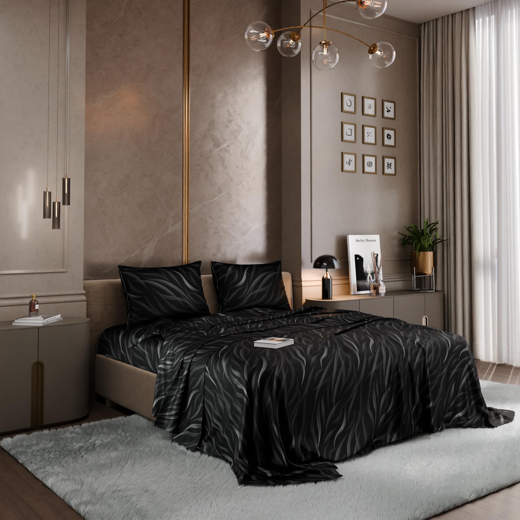 Stoa Paris Moonlight Whispers Satin Bedsheet for Super King Size Bed Whispers Satin Noir Collection - Stoa Paris
